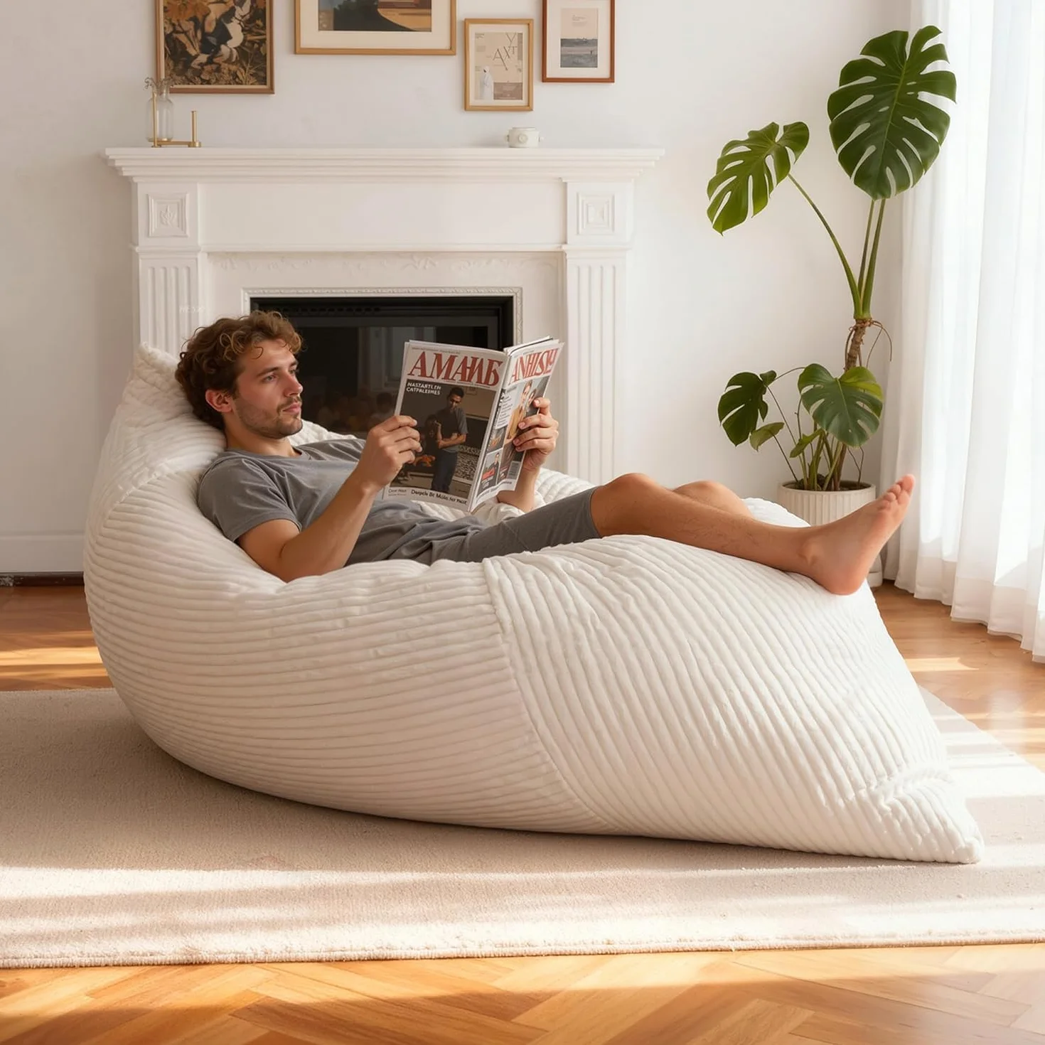NALONE Pouf Poltrona Sacco, 4-in-1 XXXL Pouf a Sacco Puffo per Sedersi Ergonomico in Memory Foam 195 cm, Letto da Pavimento con Rivestimento Peluche Lavabile (Grigio)