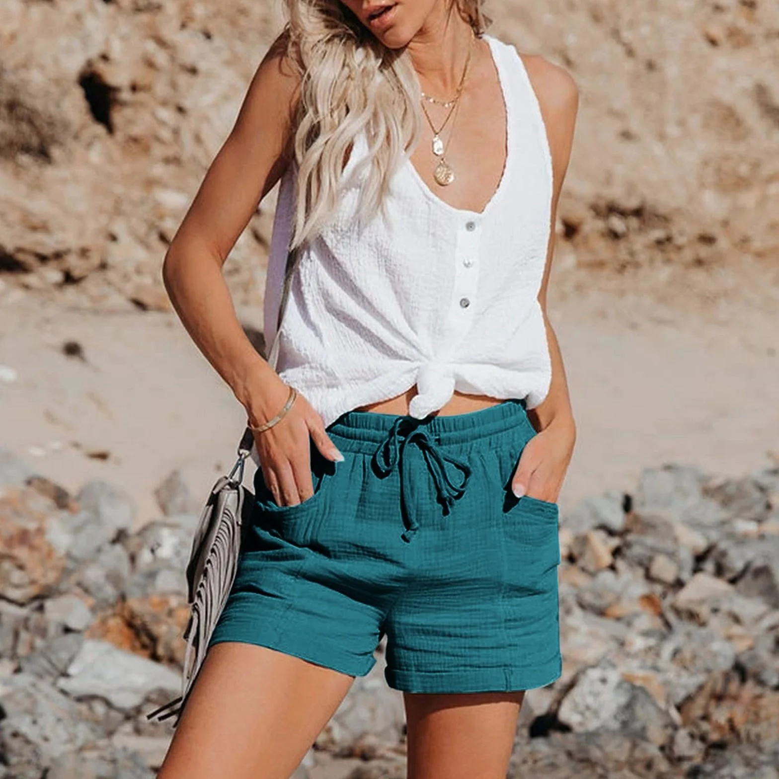 Pantaloncini Donna Estivi Lino Cotone Pantaloni Corti Casual Larghi Shorts con Coulisse Pantaloncino Leggero Vita Alta donna Leggeri Comodi Pantaloncini con Tasche Pantaloni per Vacanze Mare Sport