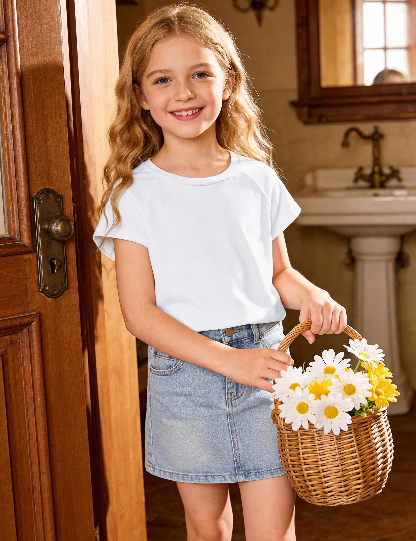 T-Shirt Bambina Manica Corta Girocollo, Maglietta Estiva in Cotone Morbido e Traspirante, Top Casual Oversize Tinta Unita, per Ragazze 6-14 Anni