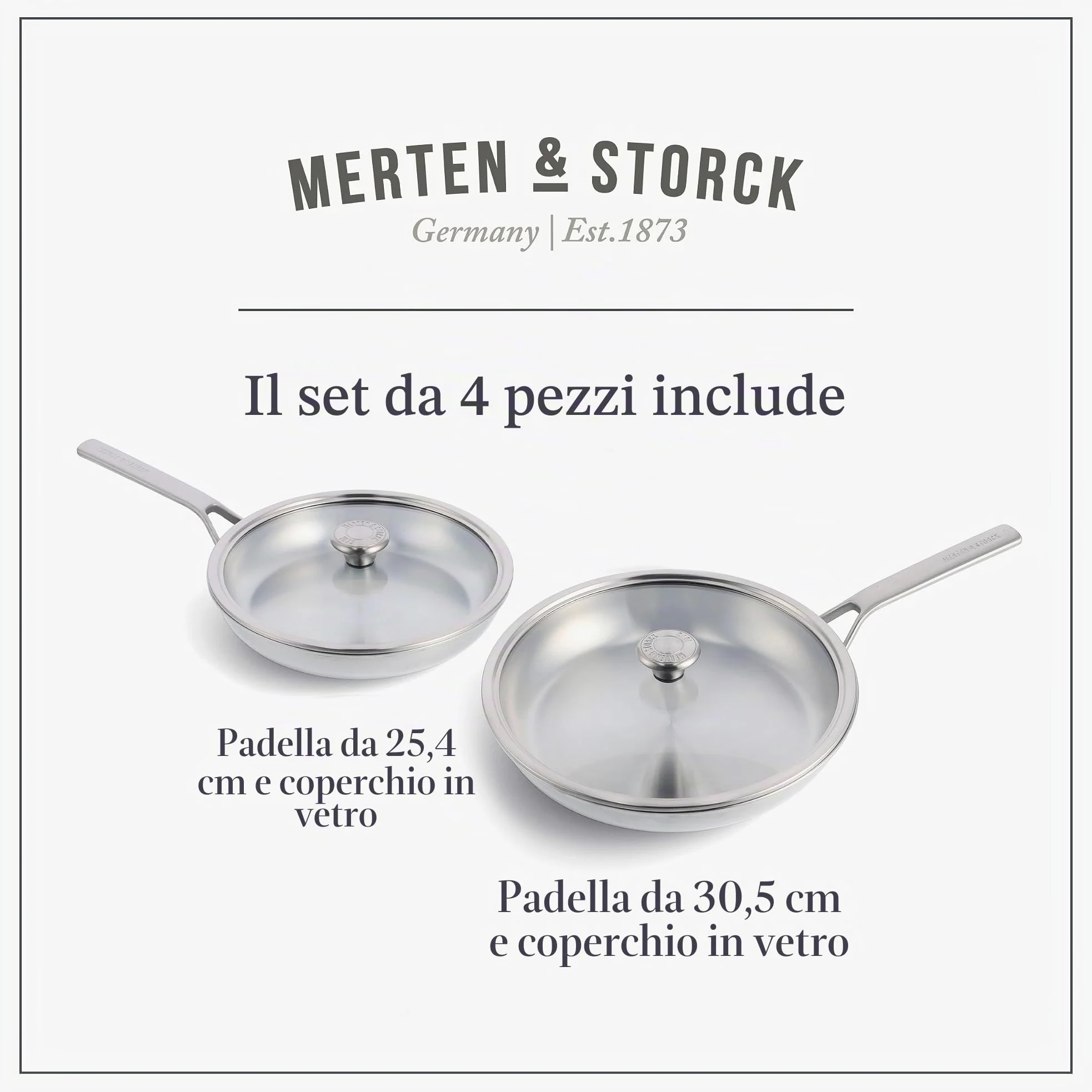 Merten & Storck Tri-PLy Batteria di Pentole 2 Pezzi con Coperchi,26cm & 30cm,a Induzione in Acciaio Inox,sicure per gli utensili in metallo,Multi Clad,lavabili in lavastoviglie e in forno,Argento
