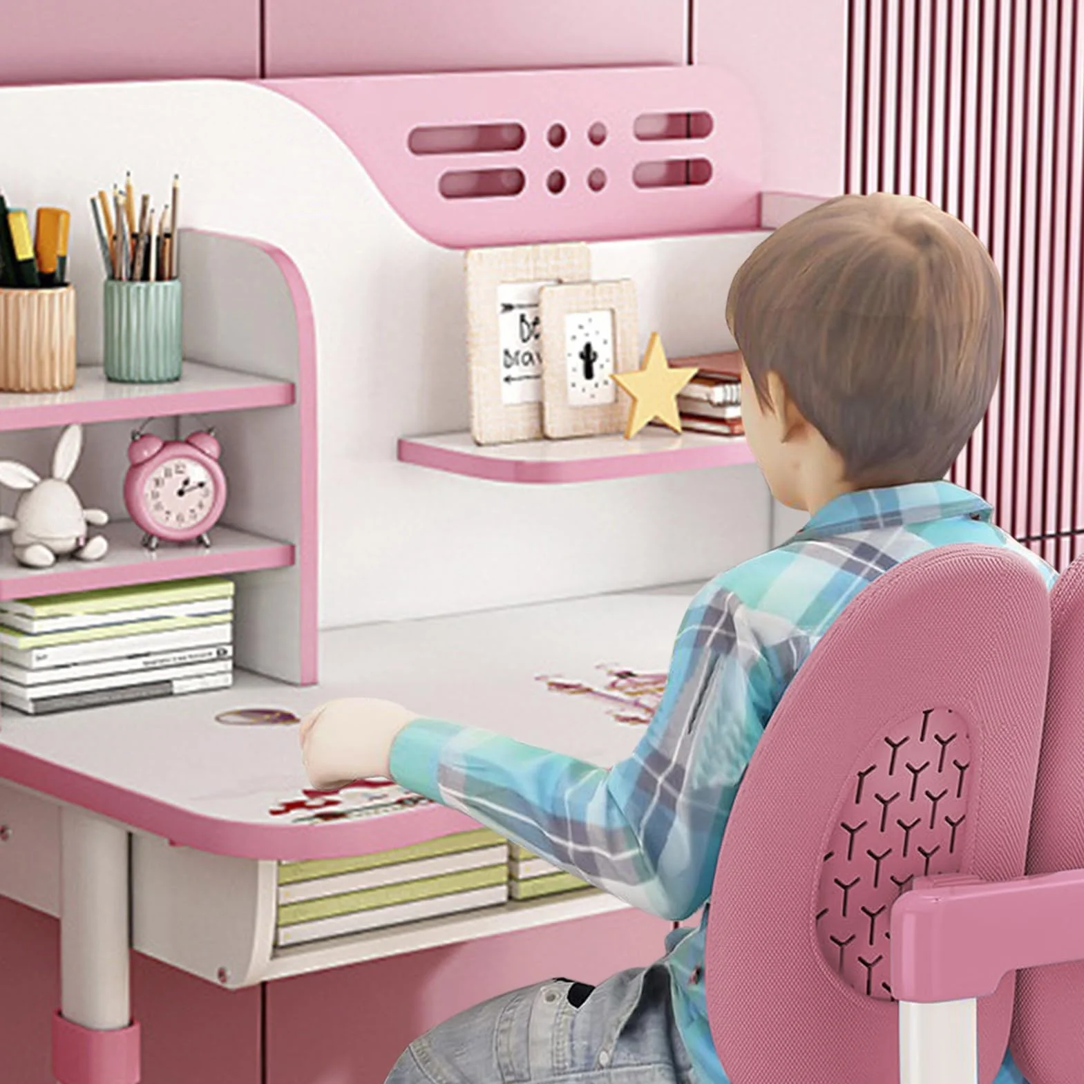 Set di scrivania e sedia per bambini, regolabile, per scuola, scrittura, compiti, studio, scrivania ergonomica con grande lavagna, libreria e cassetto, rosa
