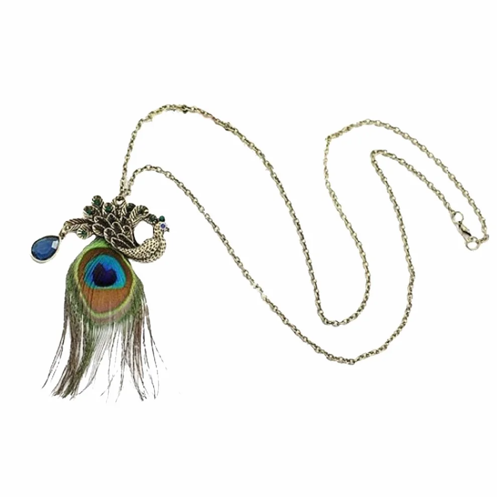 Collana lunga con ciondolo pavone piuma vera cristallo colorato