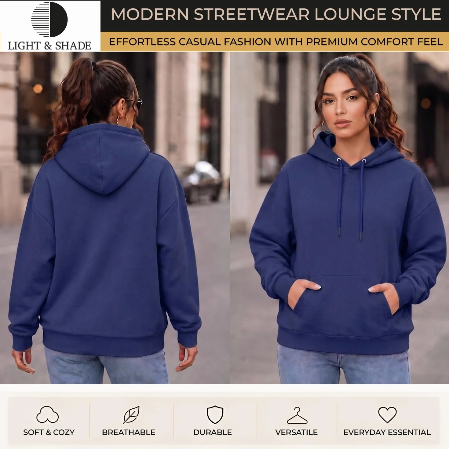 Light & Shade Felpa Donna con Cappuccio Fleece – Hoodie Pullover con Tasca e Coulisse, Sweatshirt Morbida per Palestra Fitness Loungewear e Uso Quotidiano