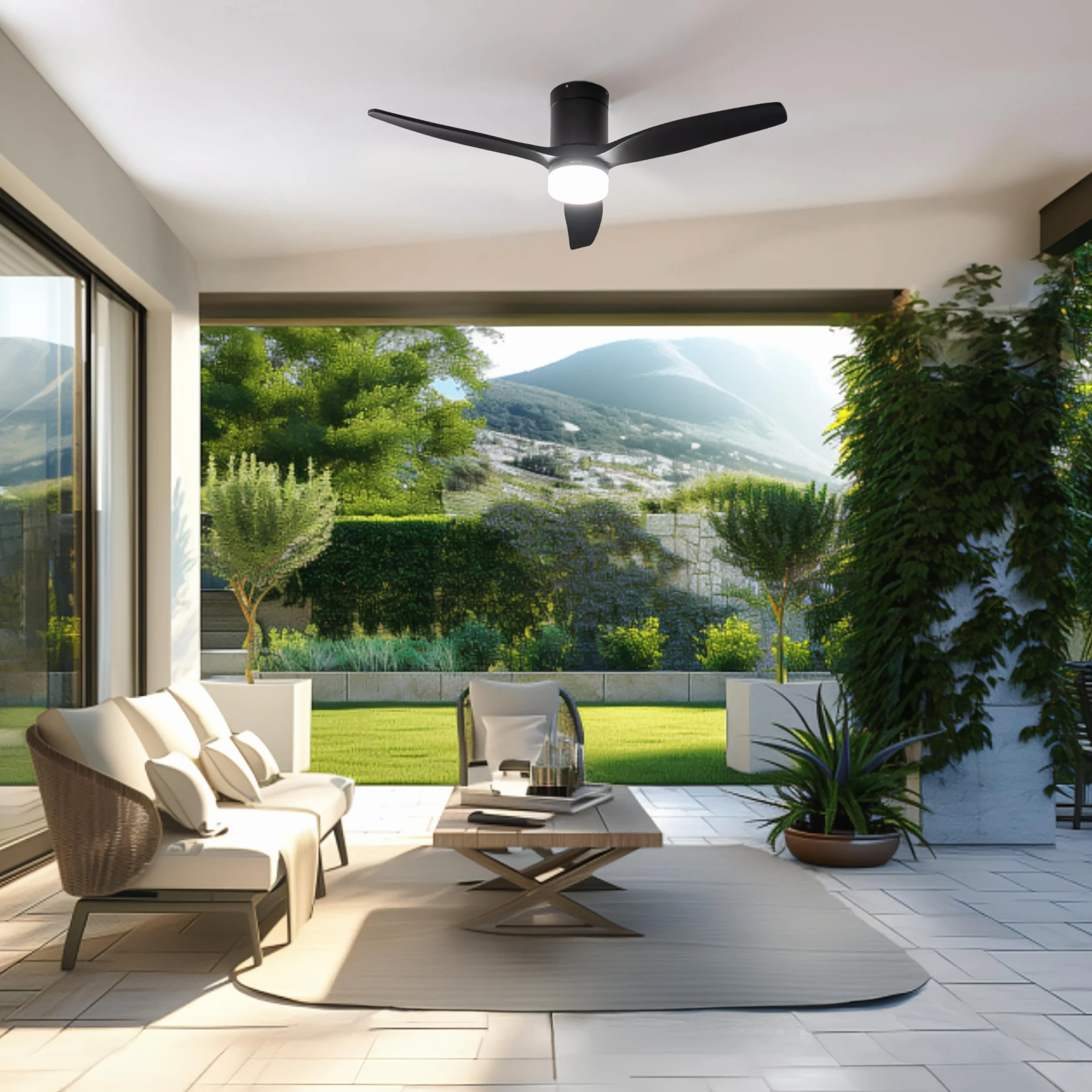 Cecotec Ventilatore da Soffitto con Luce EnergySilence Aero 5600 Aqua Black&Black Connected. 40 W, LED 18 W, Diametro 132 cm, Wi-Fi, Telecomando, Protezione IP44, Timer 8 Ore, 3 Pale, 6 Velocità