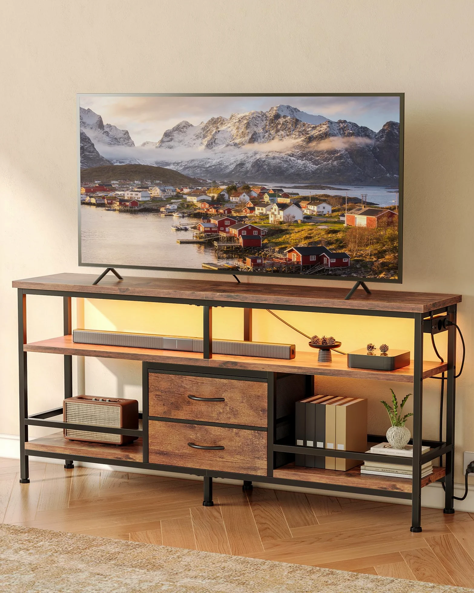 CO-Z 140 cm Mobile TV per 43-65 Pollici TV con Luci LED RGB Controllate da App e Prese di Corrente Rimovibile, Mobile Porta TV con Cassetti e Ripiani Aperti per Soggiorno, Camera da Letto (Marrone)