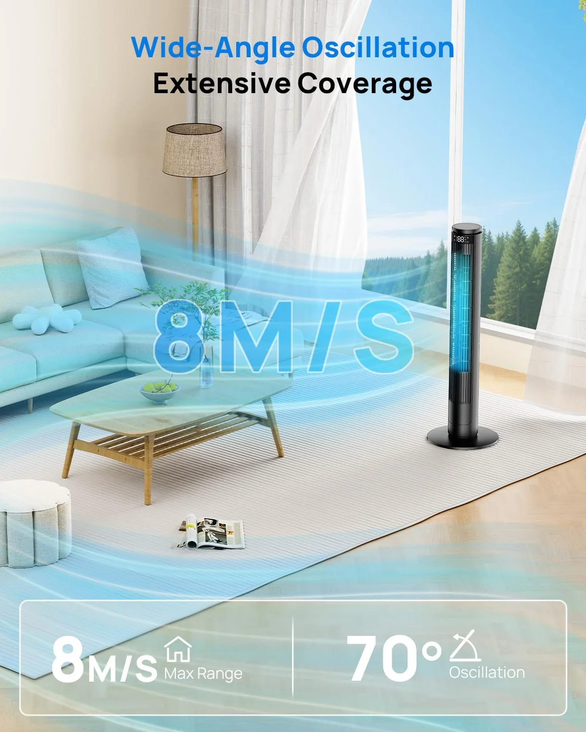 Ventilatore a Torre 92cm con Schermo LED Regolabile (Spegnimento Totale) e Telecomando con Tasto Muto, Ventilatori a Colonna Silenziosi 28dB, 6 Velocità+5 Modalità, Oscillazione 70°, 8m/s, Timer 12h