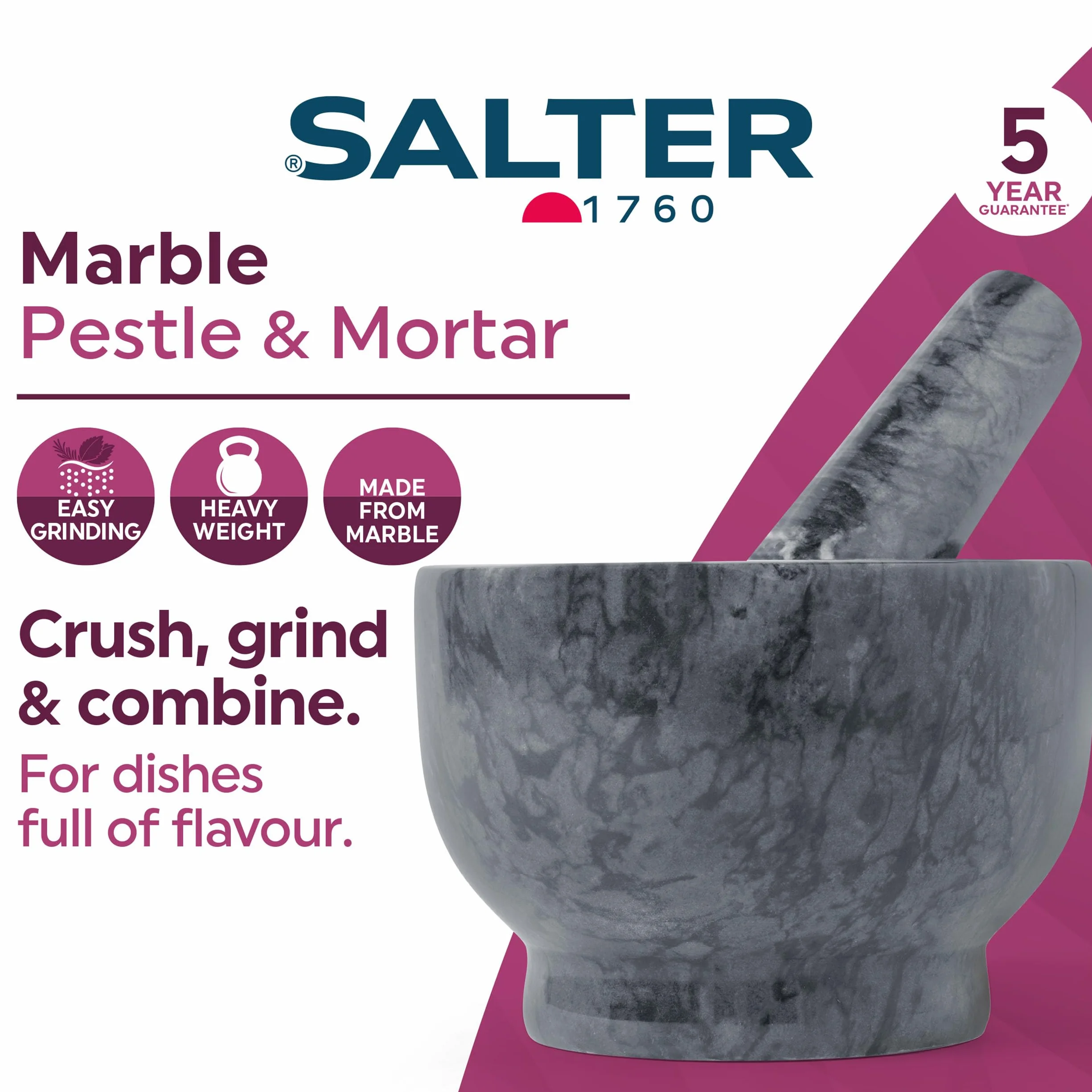 Salter BW11852EU7 Pestello e mortaio di marmo - Grind a mano erbe e spezie per pesto, lavaparabrezza, marinate, condimenti, tritatutto per spezie, frantumatore per erbe, utensile da cucina, nero
