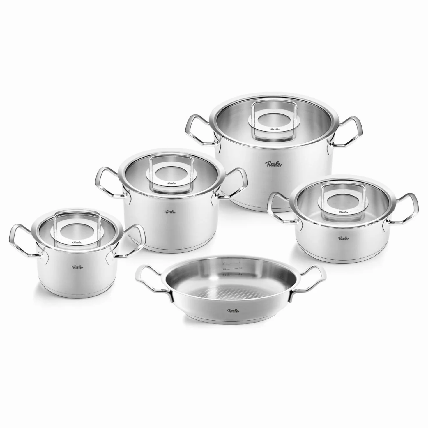 Fissler Original,Profi Collection Set di pentole in acciaio inox, 5 pezzi, pentole con coperchio in vetro 3 pentole, 1 padella e 1 padella da portata , induzione