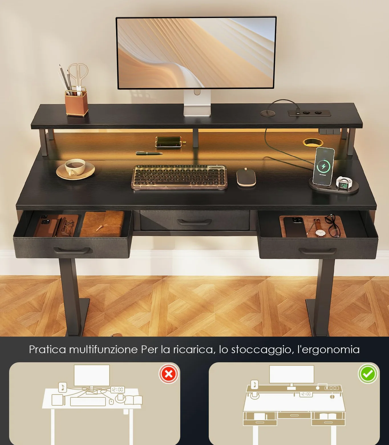 OffiGo Scrivania Elettrica con Cassetti, 120cm Scrivania Elettrica con Supporto per Monitor, Scrivania Gaming con Prese e LED Luminosa, Scrivanie, Nero
