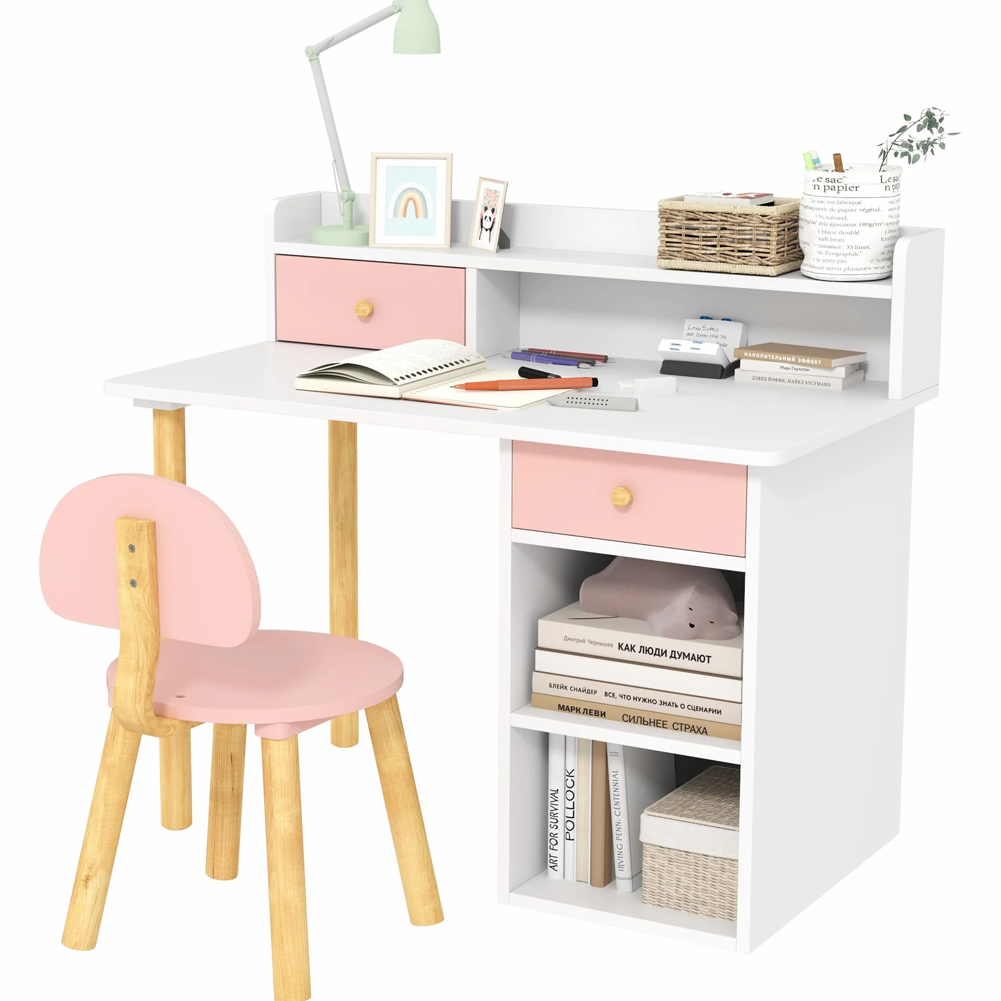 AIYAPLAY Set di scrivania e sedia per bambini +3 anni Scrivania per bambini con cassetti, scomparti e ripiani per la camera da letto e la sala studio Rosa e bianco
