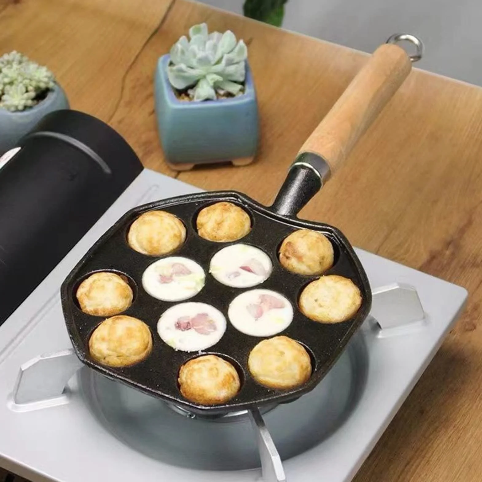Antiaderente Ghisa Takoyaki Pan 14 Fori con Manico Staccabile