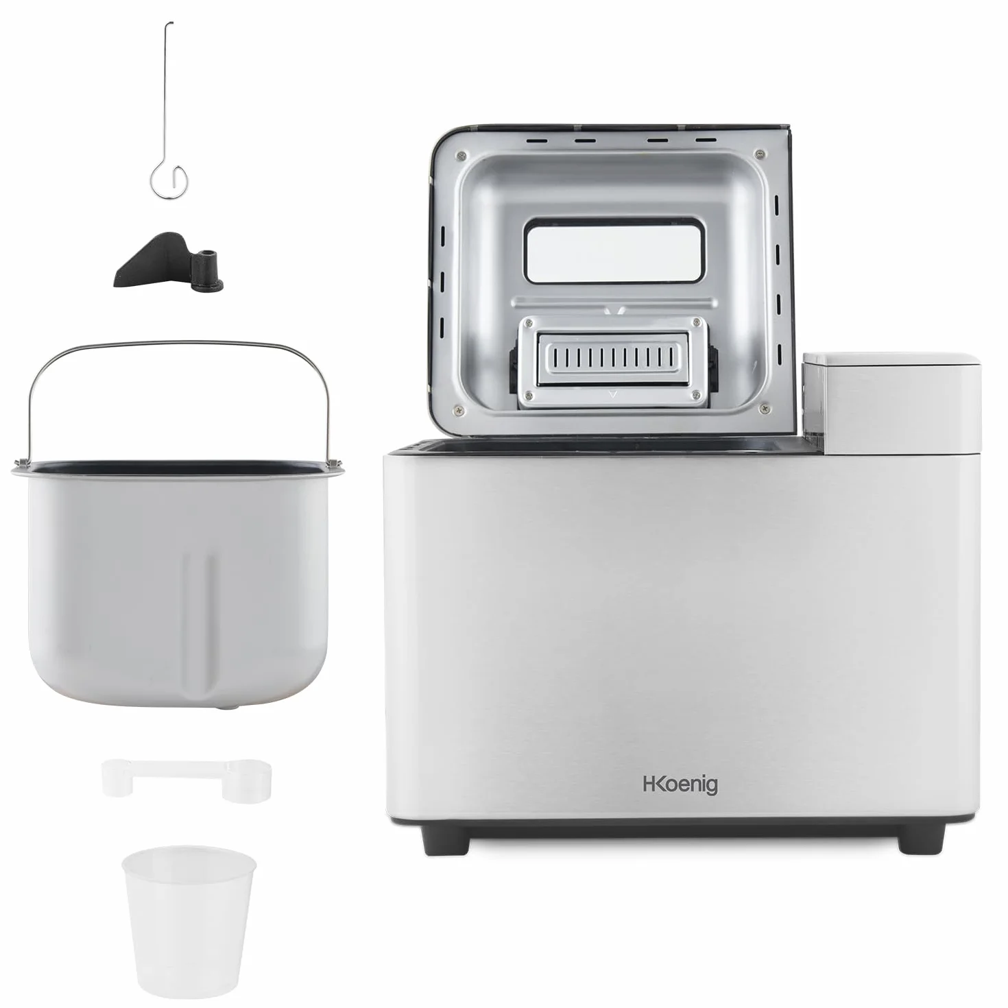 H.Koenig BAKE440 Macchina per il pane 15 programmi, fino a 1 kg di pane, marmellata, yogurt, avvio ritardato, keep warm, dispenser per cereali, ciotola antiaderente rimovibile, schermo LCD, 600W