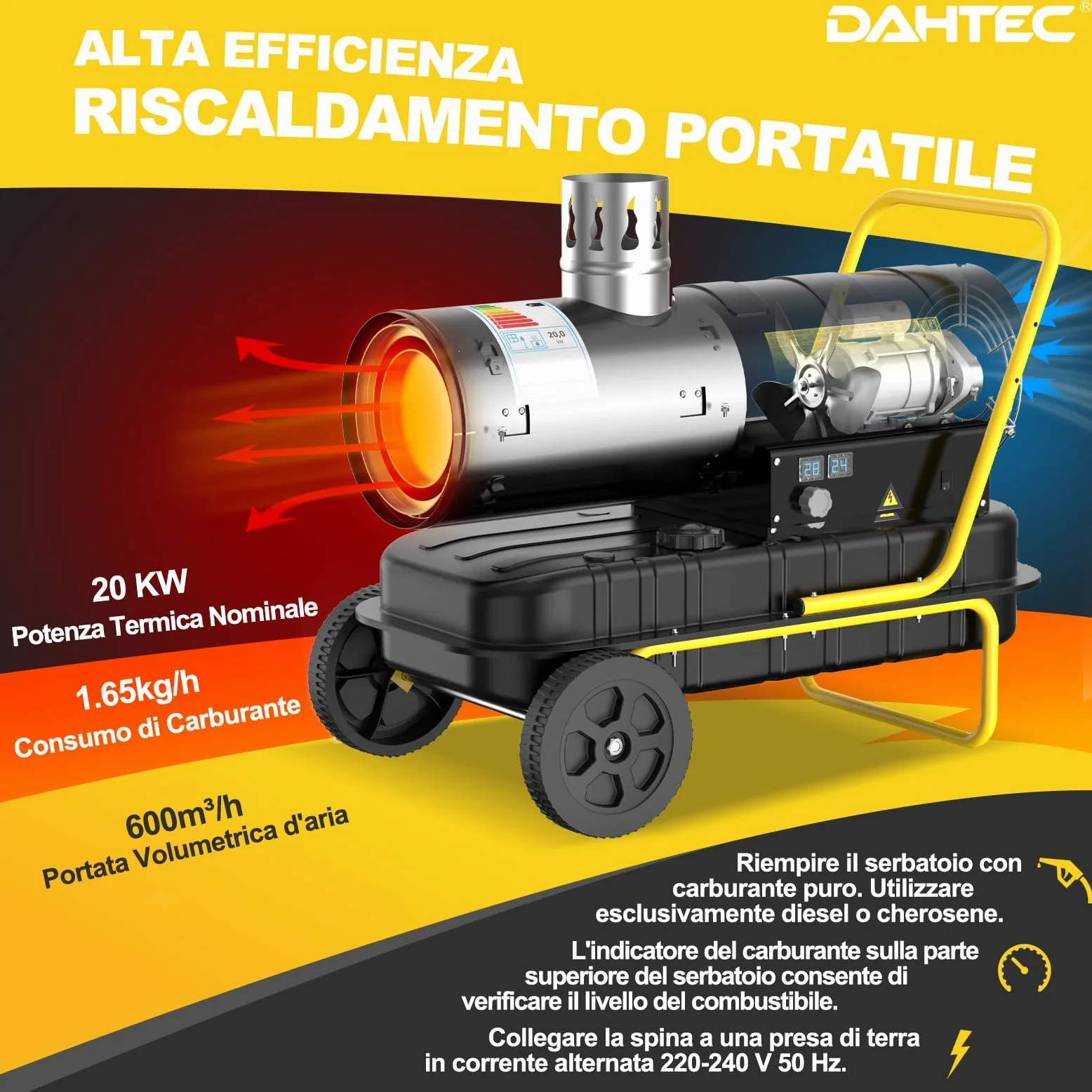 Riscaldatore Diesel Indiretto 20 kW - Termoventilatore Industriale - Serbatoio Grande Capienza 38L - Ruote, Termostato Regolabile - Per Officine, Cantieri, Uso Agricolo