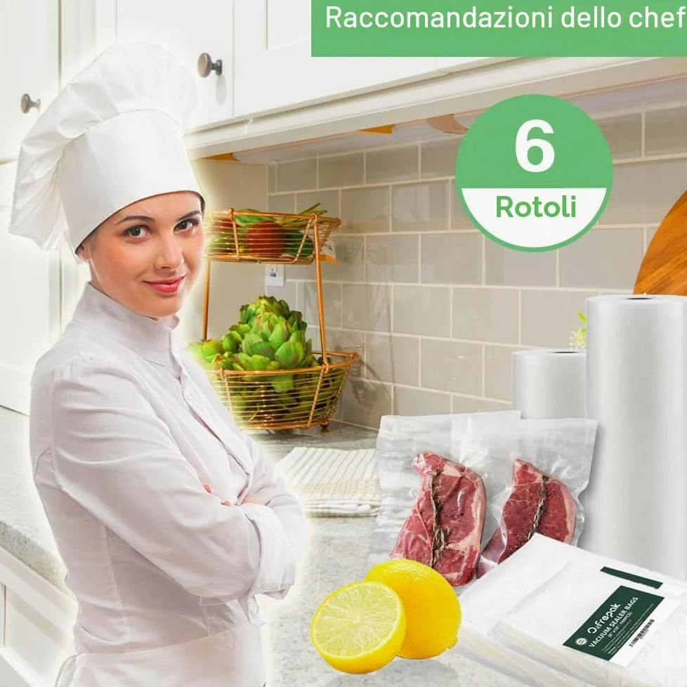 O2frepak 6 Rotoli (3)20X600cm e (3)28X600cm Buste Rotoli Sottovuoto Alimenti,Sacchetti Sottovuoto per Alimenti,Sacchi Sottovuoto Alimenti senza BPA (totale:3600cm)