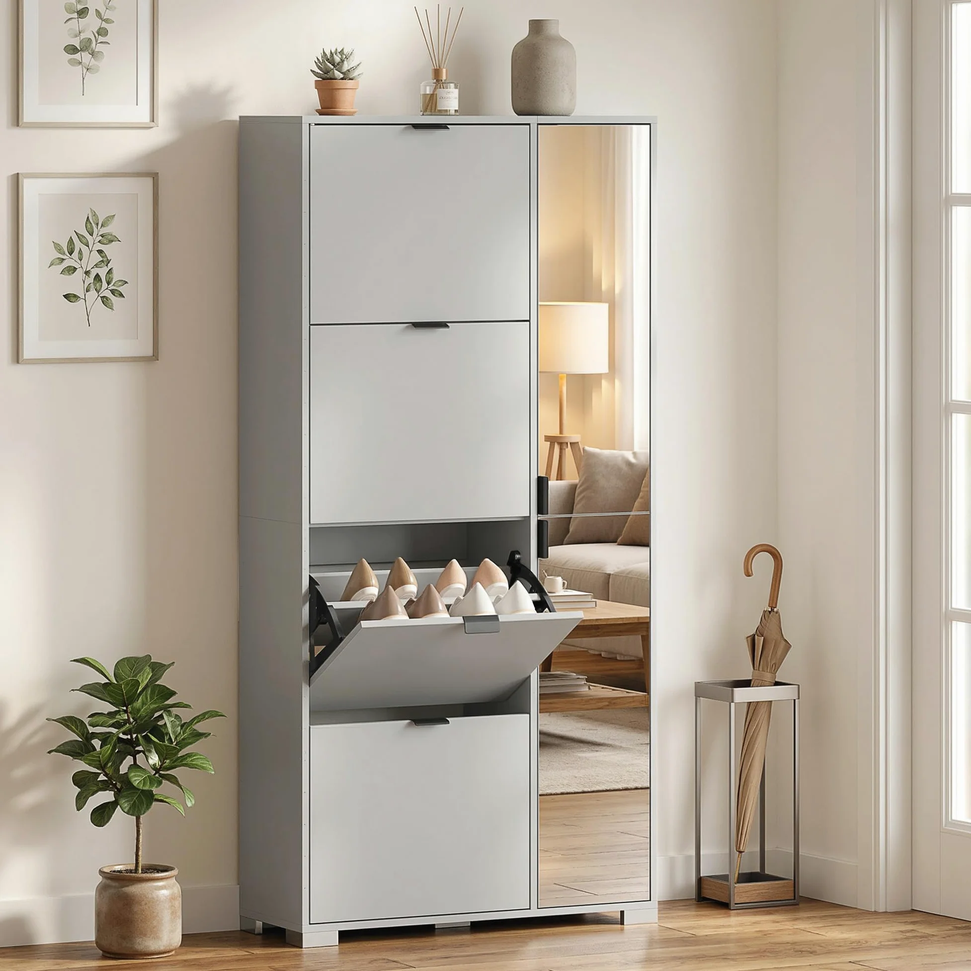 HOMCOM Scarpiera Salvaspazio Slim Alta con 2 Ante a Specchio e 4 Ante a Ribalta, Scarpiera Ingresso con Ripiani Regolabili, 2 Armadietti, 5 Gambe, Porta Scarpe per 16 Paia, 82x30x168 cm, Grigio