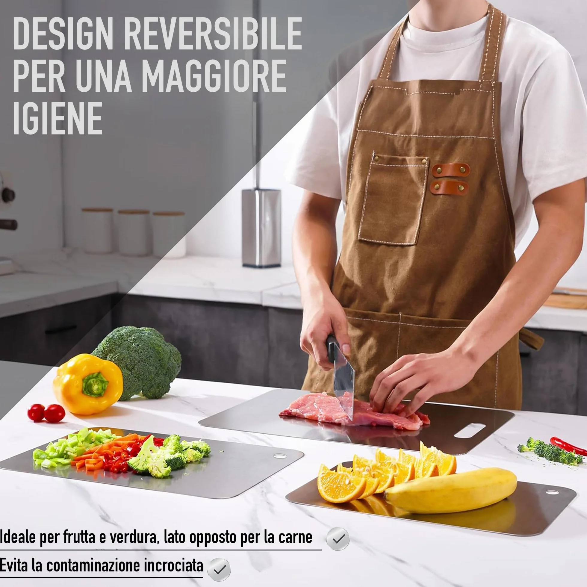Set di 3 Tagliere Acciaio Inox Reversibile in Lega Titanio – Set da Cucina Professionale SUS316/SUS 304 3‑Stars