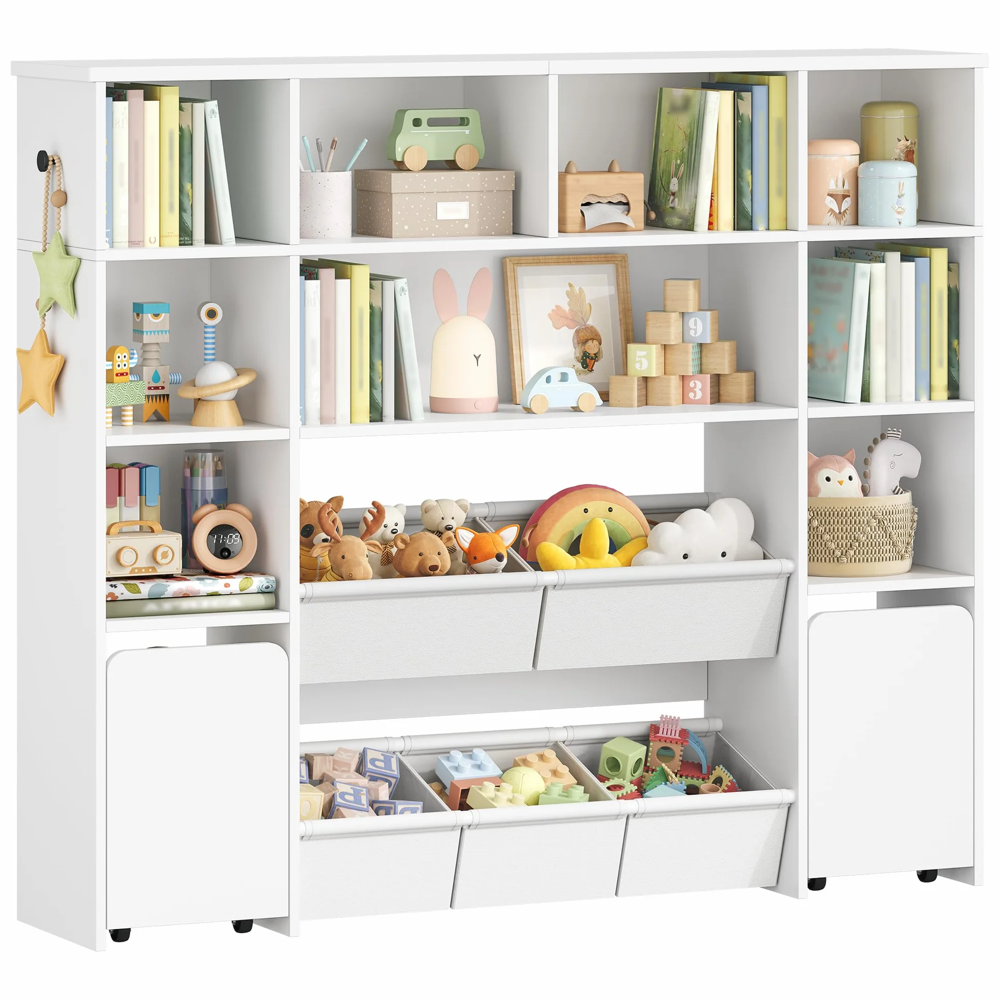 Hzuaneri Libreria per bambini con 2 cassetti contenitori su ruote, scaffale a 4 ripiani, ripiano per giocattoli, armadietto, adatto per cameretta, soggiorno, studio, 30 x 140 x 120 cm, bianco KB75203W