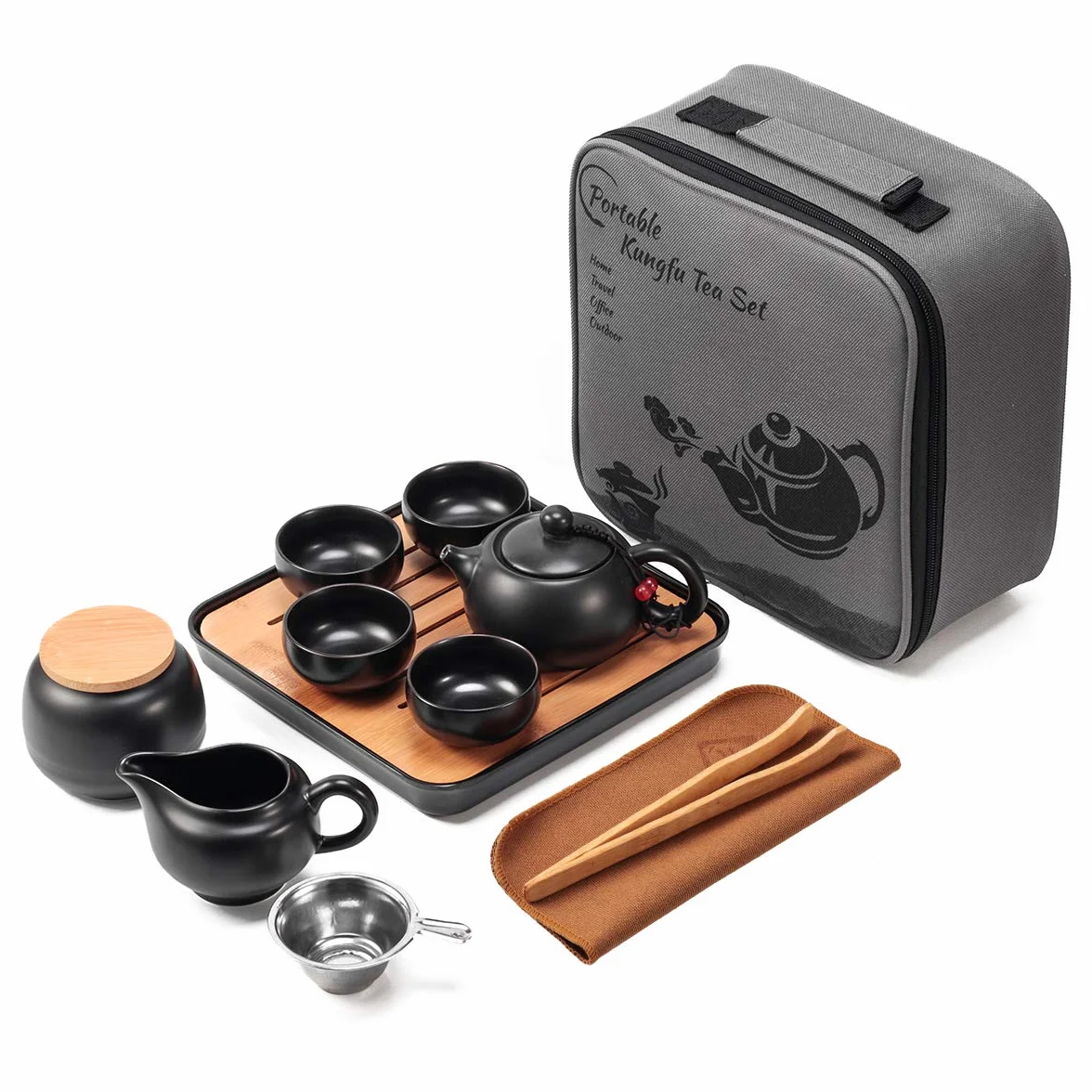 Set di tazze da tè con vassoio in ceramica - Teiera portatile da viaggio per picnic all'aperto