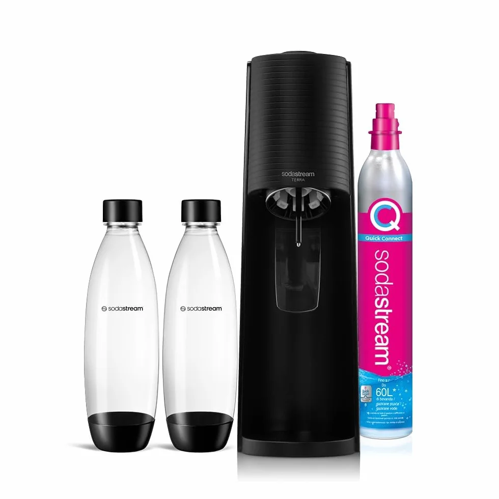 SodaStream Gasatore Terra Value Pack Nero con 2 Bottiglie Fuse Lavabili in Lavastoviglie 1L e Cilindro CO2 Quick Connect