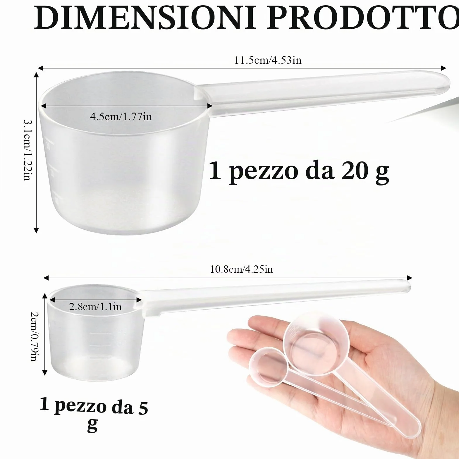 2 Pezzi Cucchiai Dosatori Trasparente in Plastica, Cucchiaio Dosatore 5 g, 20 g Grammi Misurino Misuratore di Proteine ​​del Caffè in Polvere per Misure Sperimentali in Cucina