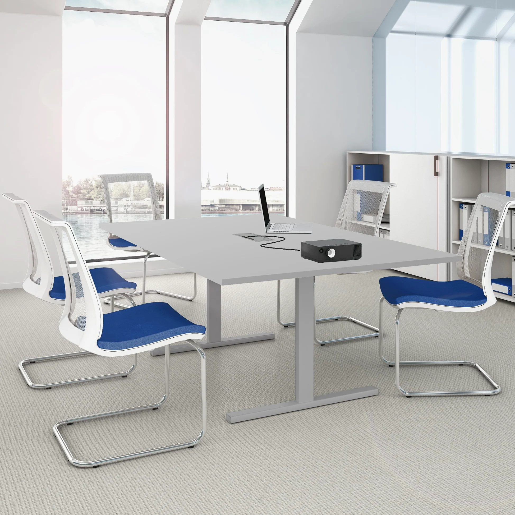 Weber Büro Easy - Tavolo da conferenza, 200 x 120 cm, colore: grigio perlato con impianto elettrico, tavolo per riunioni, colore struttura: argento
