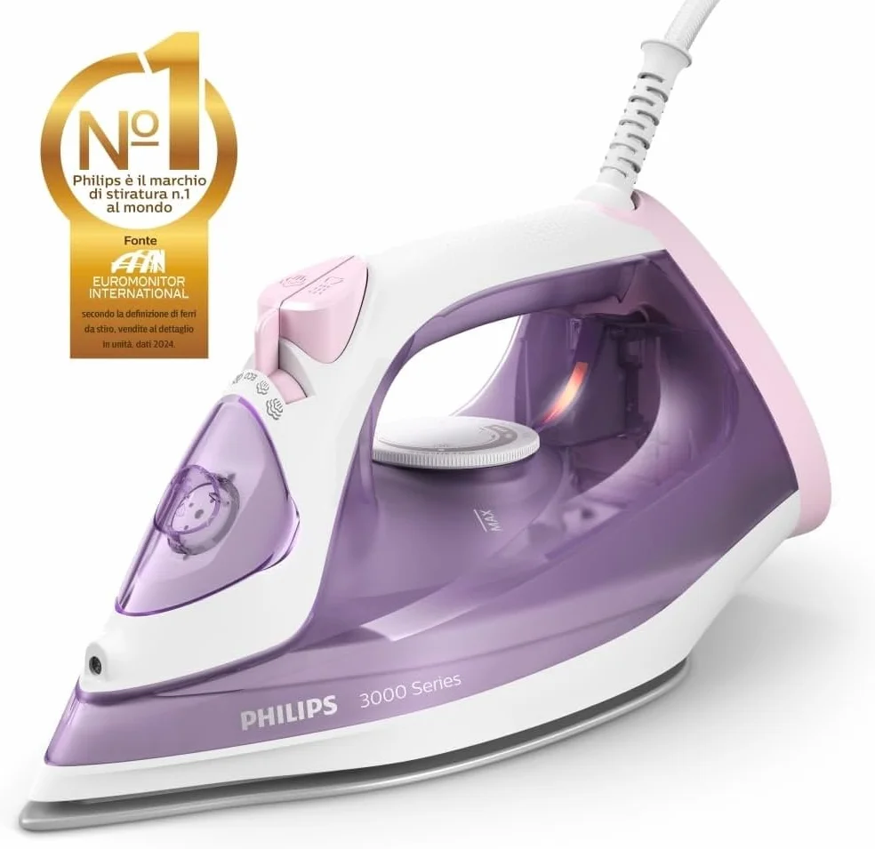 Philips Ferro da stiro a vapore 3000 Series – 2.000 W, potenza costante di 30 g/min, colpo di vapore da 140 g, piastra in ceramica, vapore verticale, viola/bianco (DST3010/30)