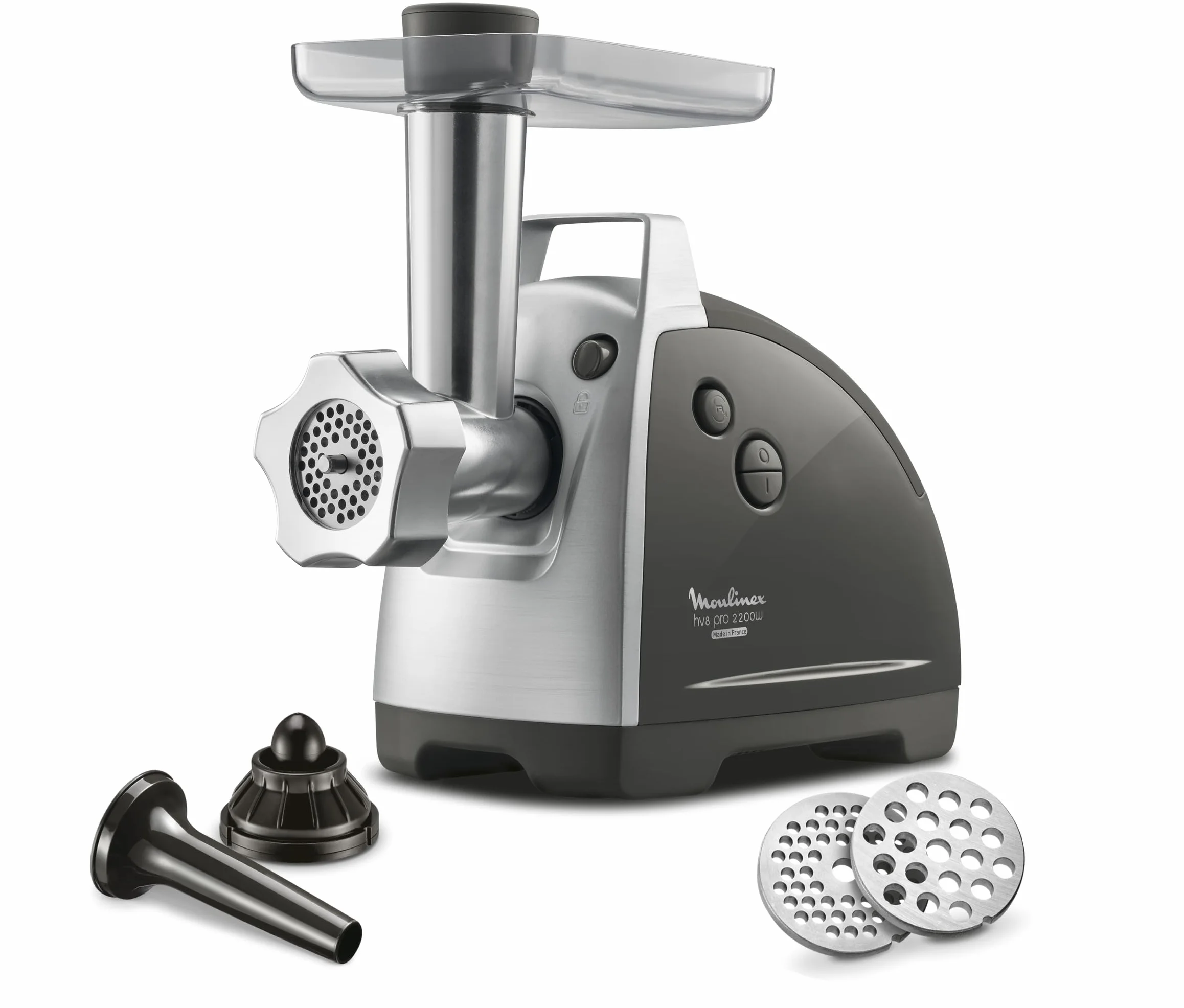 Moulinex - Tritatutto HV8, tritatutto elettrico 2200 W, 2 griglie di macinazione, accessori per kebab e salsicce, argento ME686832