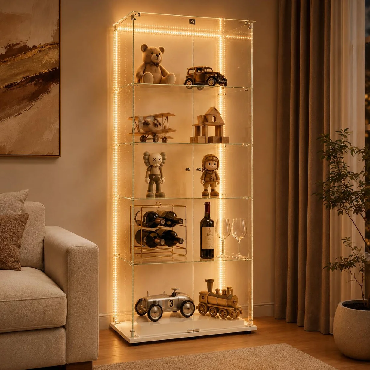 Vetrinetta in vetro da esposizione, Vetrinetta in piedi con LED, 5 strati di vetro, legno, vetrina in vetro, vetrinetta con 2 porte e serratura, vetrina in vetro, vetrinetta da esposizione per
