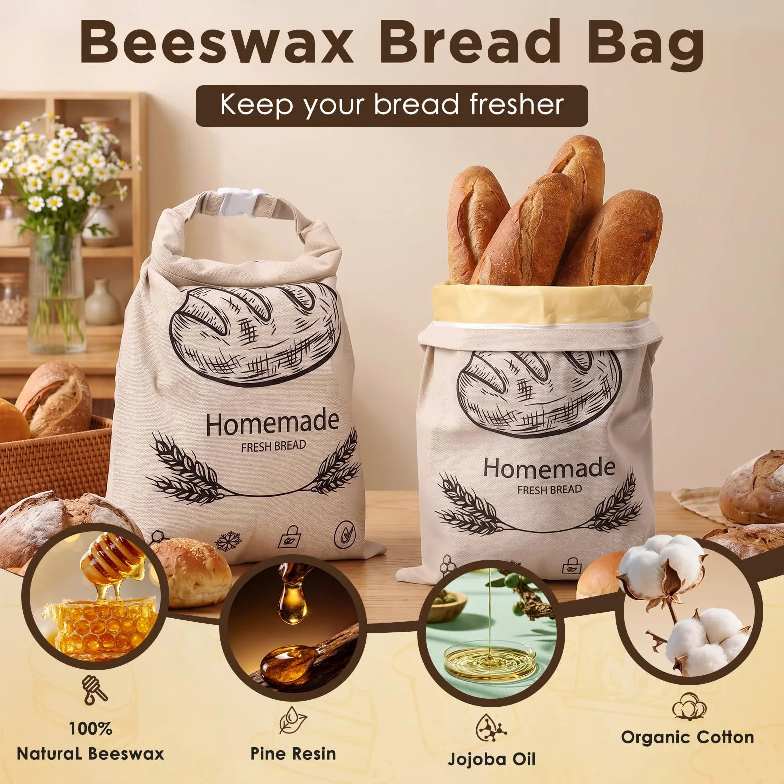 Lot di 2 Sacchetto Pane Cera D'api con Zip, 43×33 cm Sacchetti per Pane in Cera D'api, Congelatore, per Pane a Lievitazione Naturale Fatto in Casa