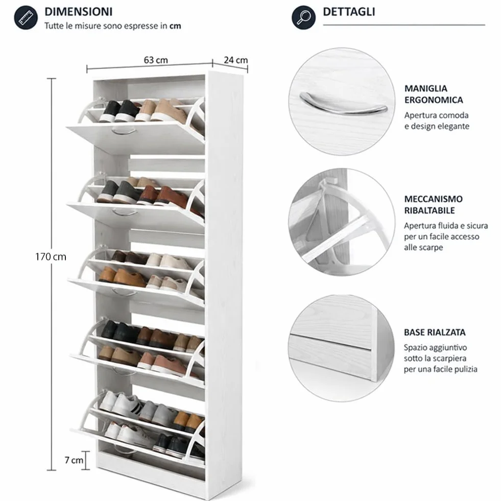 BAKAJI Scarpiera 5 Ripiani Salvaspazio in Legno 63x24x170 cm Bianco