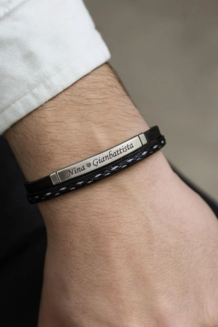 Generico Bracciale Uomo Personalizzato con Nomi Incisi – Pelle Intrecciata e Acciaio