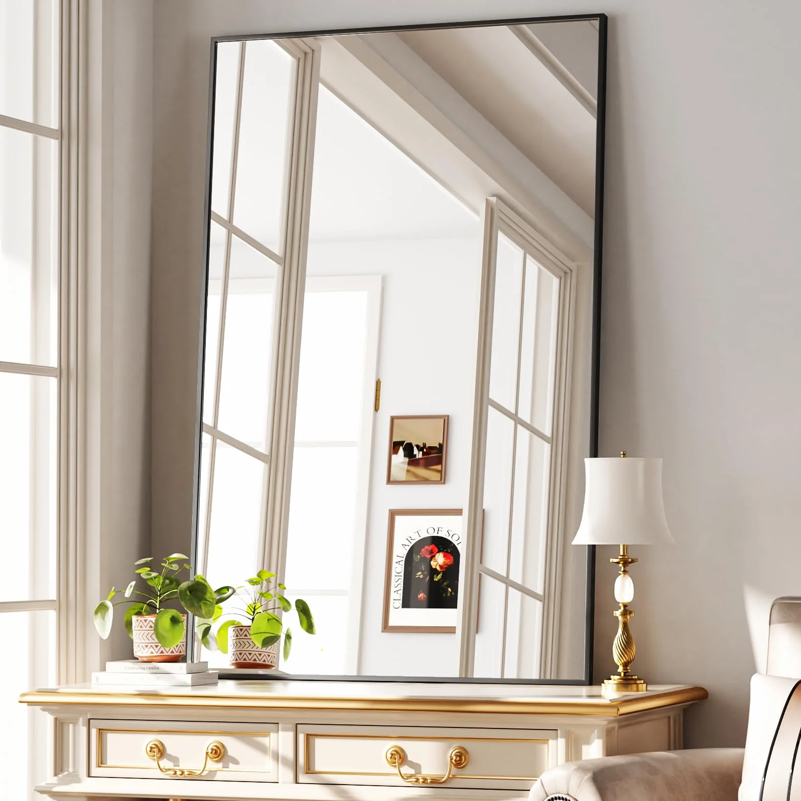 BEAUTYPEAK Specchio da parete rettangolare 120 x 75 cm, telaio in alluminio dorato, infrangibile per bagno, camera da letto, soggiorno