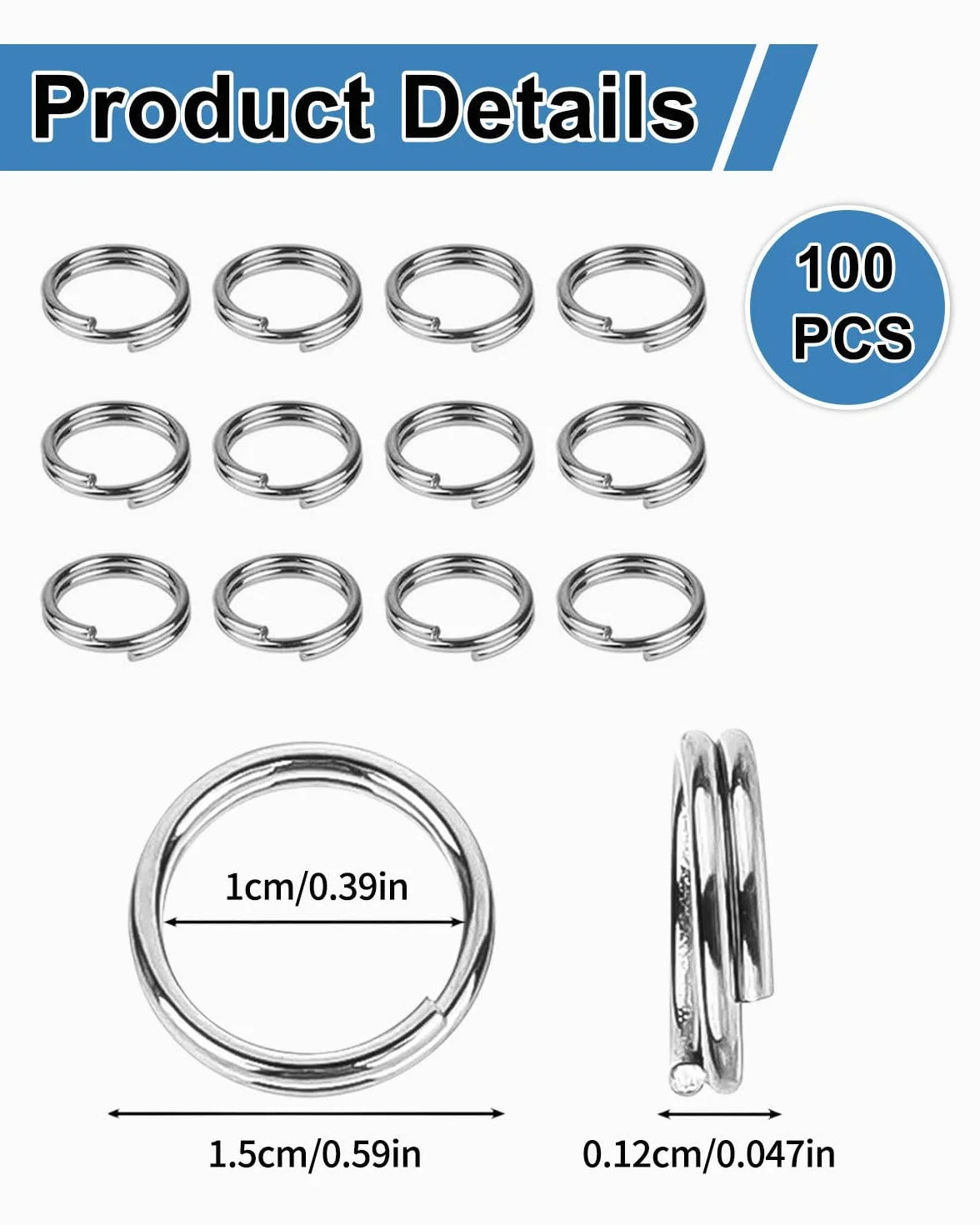 100 pezzi portachiavi 12/15/20 mm piccoli portachiavi in acciaio inox anelli divisori in argento per gioielli, chiavi, decorazioni fai da te (15 MM)