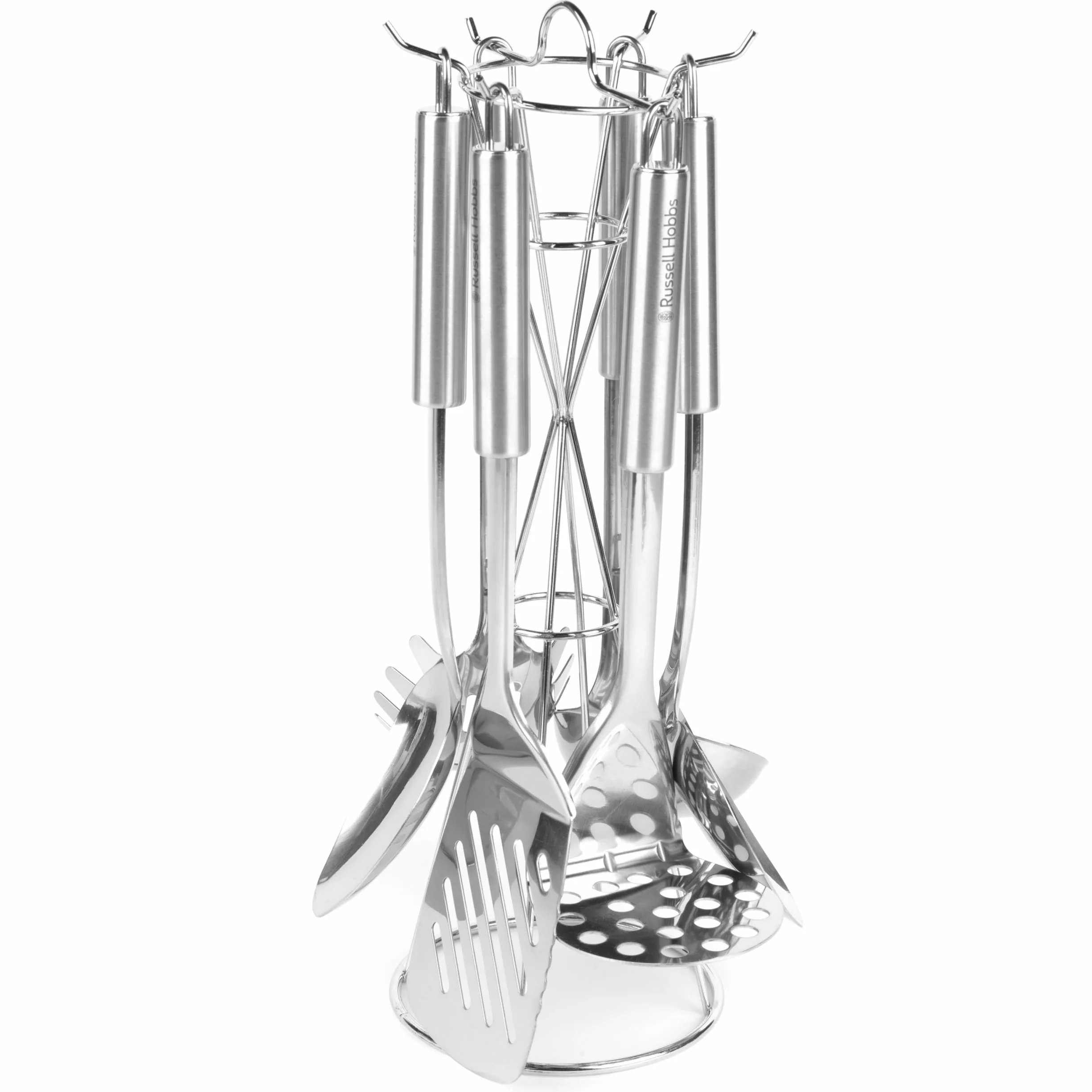 Russell Hobbs® RH00123 - Set di utensili da cucina in acciaio inossidabile con supporto, 6 pezzi,Include cucchiaio solido e a taglio, Turner, Ladle, Masher e Pasta Server