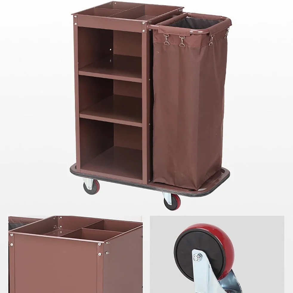Carrello per Pulizie con Ruot, Carrello per Biancheria Sporca Hotel, Carrello Pulizie 3 Ripiani con Ruote e Borsa Integrata, per Pulizie Commerciali/Domestiche