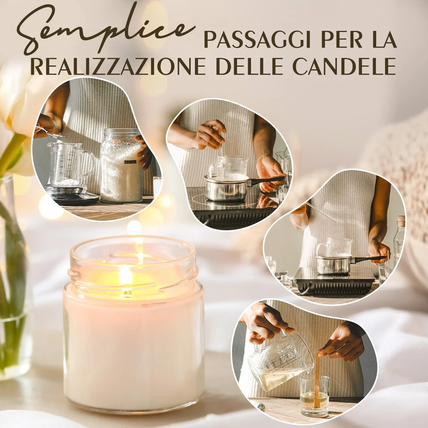 Cera di Soia per Candele 5kg, Cera Naturale Vegetale Fai da Te, Punto di Fusione Basso