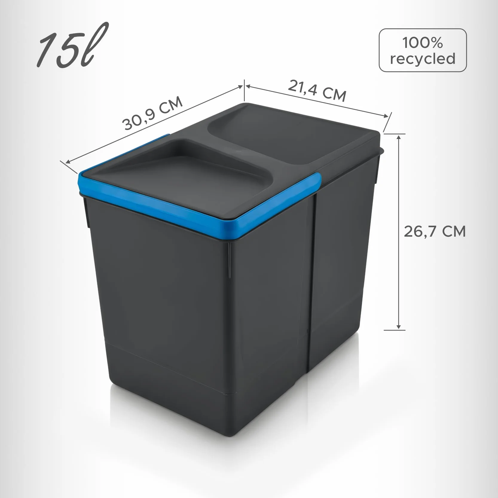 Contenitori raccolta differenziata, 2x15l & 2x6l, pattumiera da cassetto, antracite, salvaspazio da interno, cestini cucina