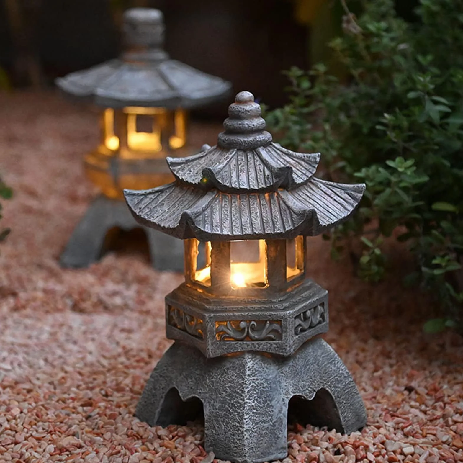 Lanterna solare giapponese Zen da giardino a pagoda 26 cm grigio