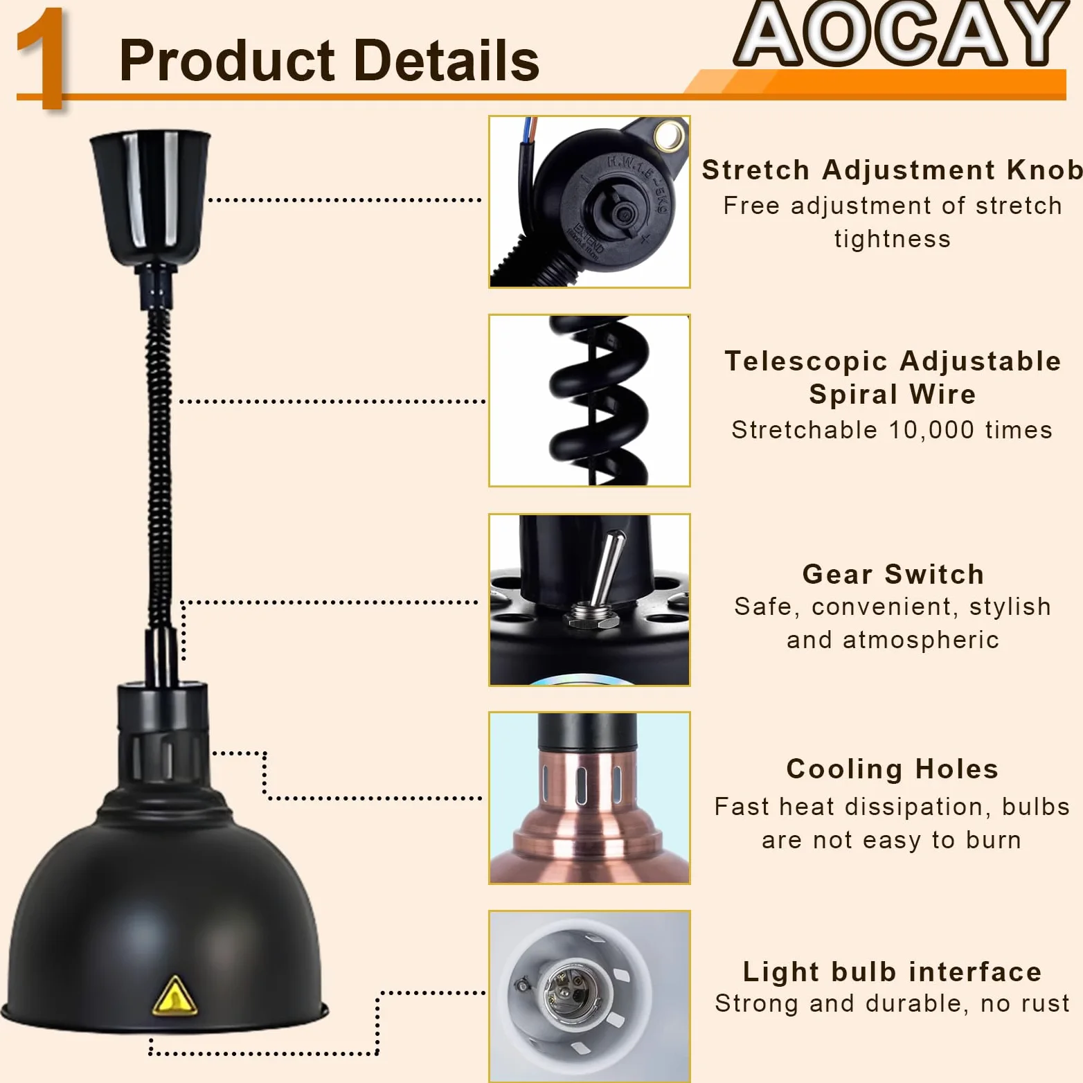 Lampada Riscaldante per Alimenti, Sospeso Lampade Scaldavivande Cucina 19 cm/25 cm, Lampade Riscaldanti per Cucina, Ristoranti, Hotel a Buffet 60-180cm Altezza Regolabile(Nero-25cm, 3 Pezzi)