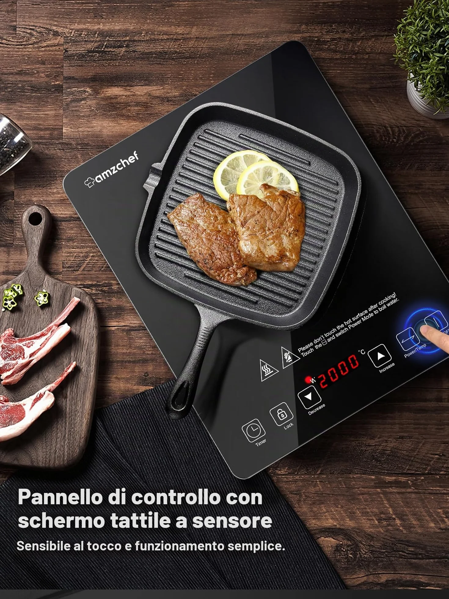 AMZCHEF Piastra a Induzione Singolo da 2000 W con 20 Livelli di Potenza e di Temperatura, Controllo Sensore Tattile, Blocco di Sicurezza, timer