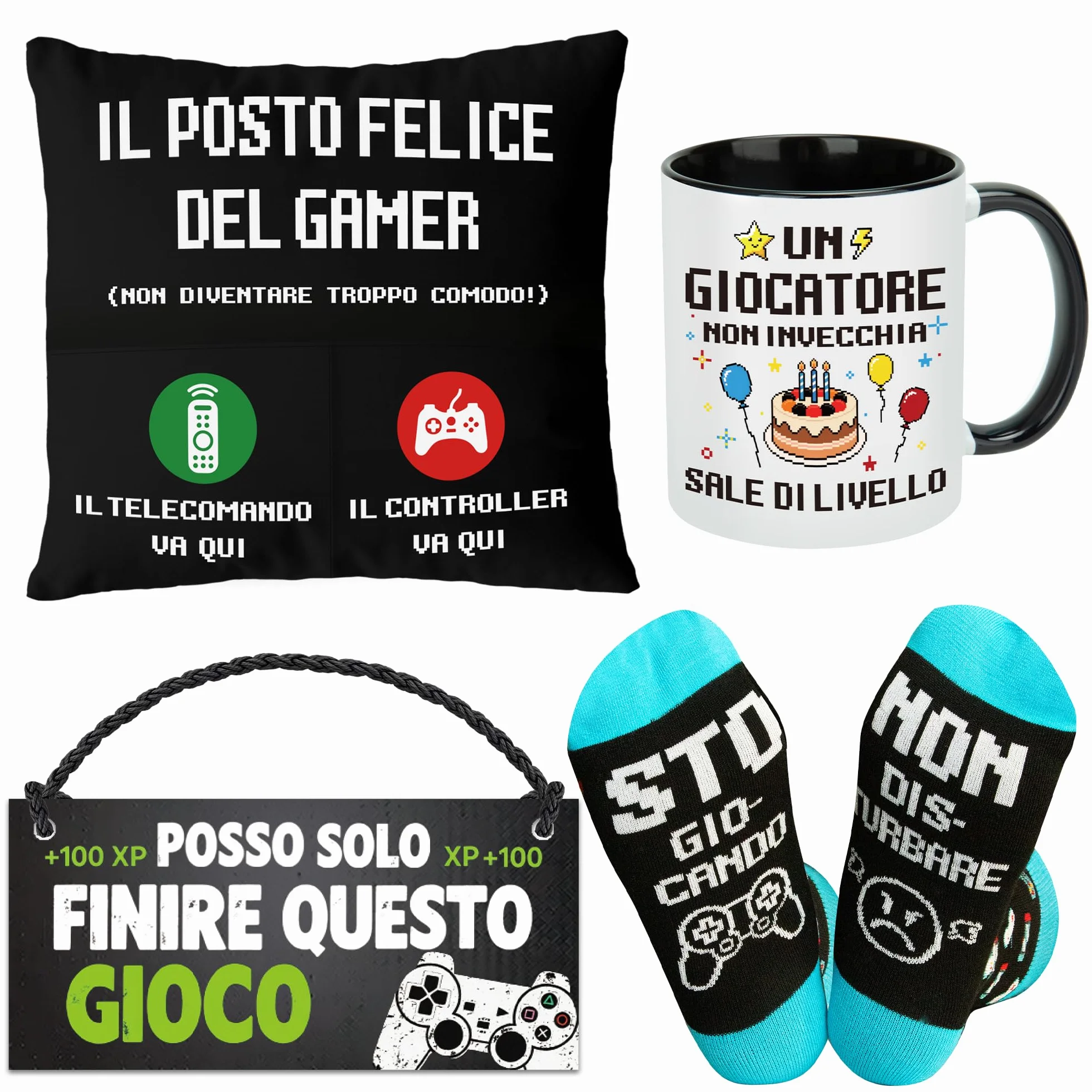 Regali per Gamer: Accessori e Decorazioni per Stanza di Gioco, Calze, Copri Cuscino, Tazza, Insegna da Porta