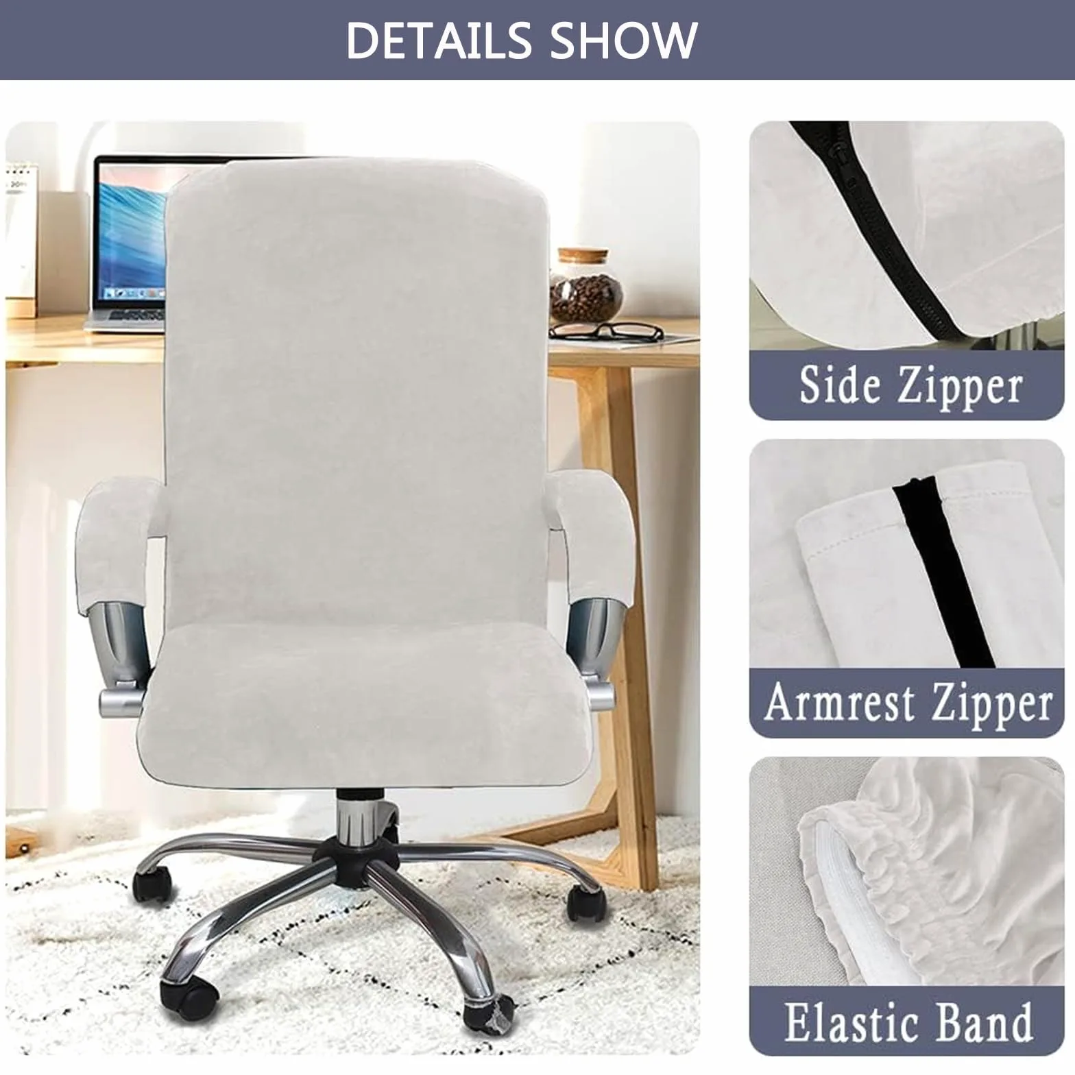 Coprisedia in velluto antiscivolo per sedia da ufficio, protezione elastica per sedie da scrivania, bianco e blu, di grandi dimensioni, elegante e perfetto per uso domestico e ufficio