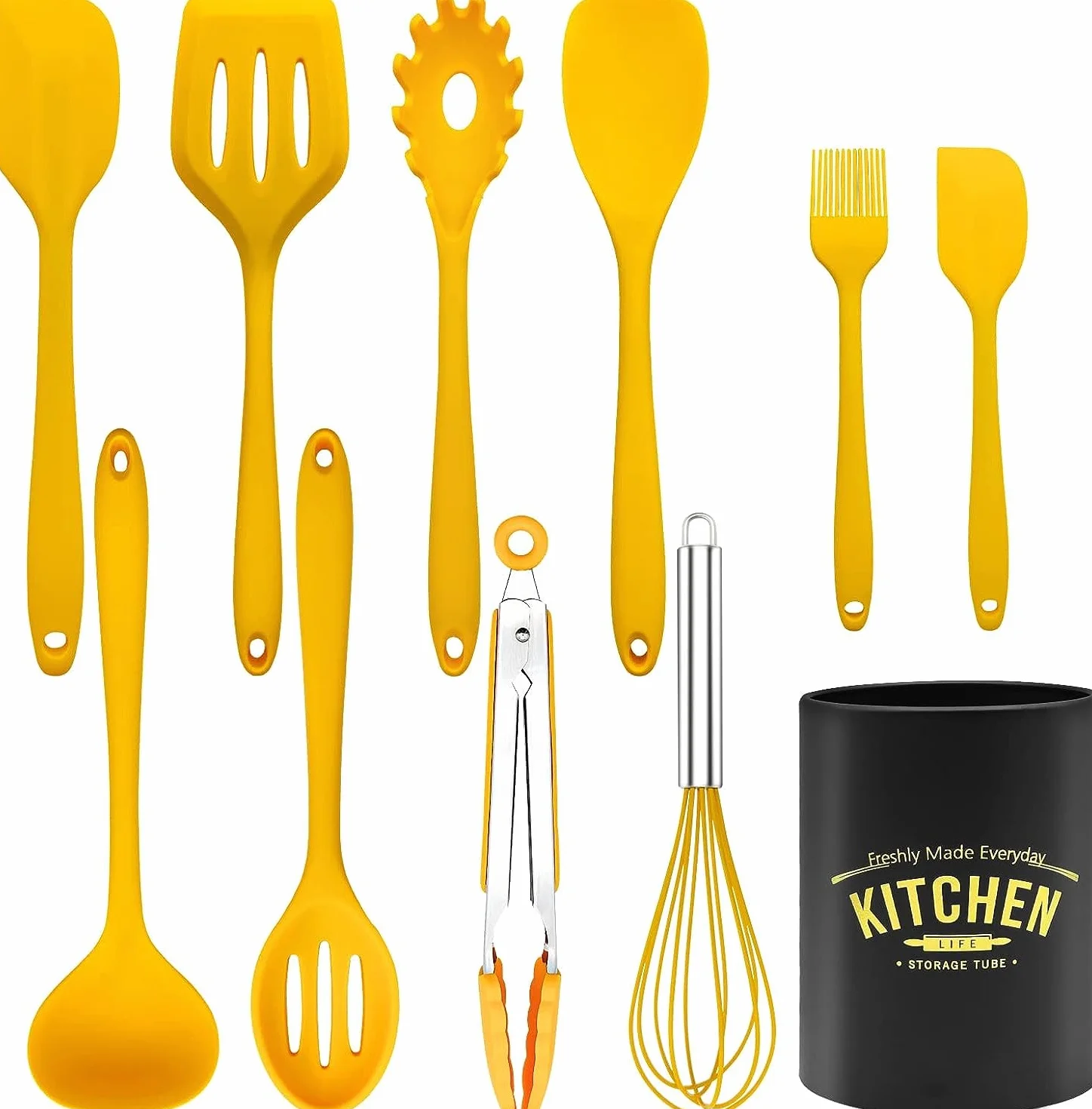 Set di utensili da cucina in silicone antiaderente con supporto in ferro, 11 pezzi (giallo)