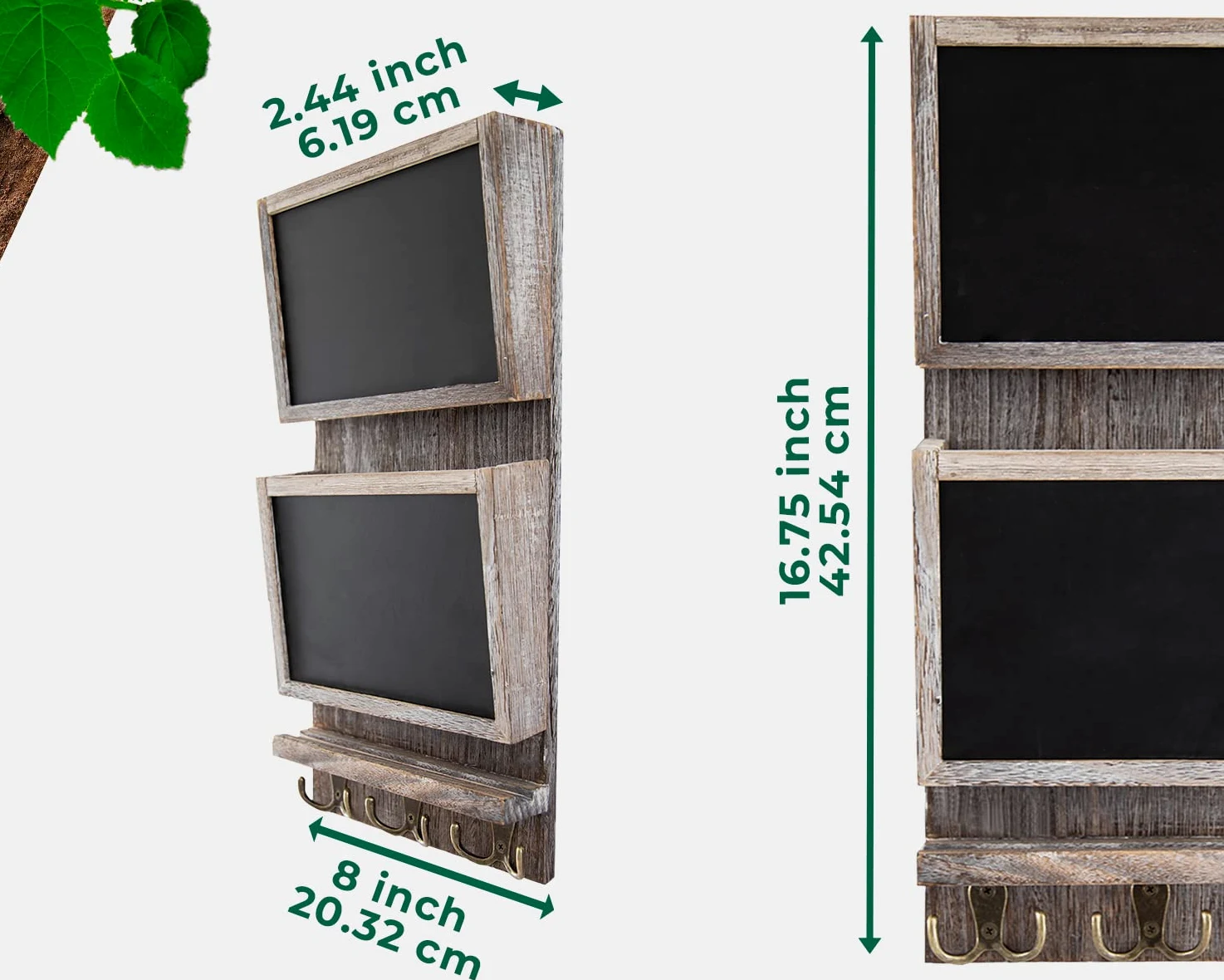 Organizer rustico a 2 fessure per la posta da parete con superficie lavagna e 3 ganci doppi per chiavi, organizer da parete in legno, decorazione da parete per ingresso in legno di Paulownia, bianco