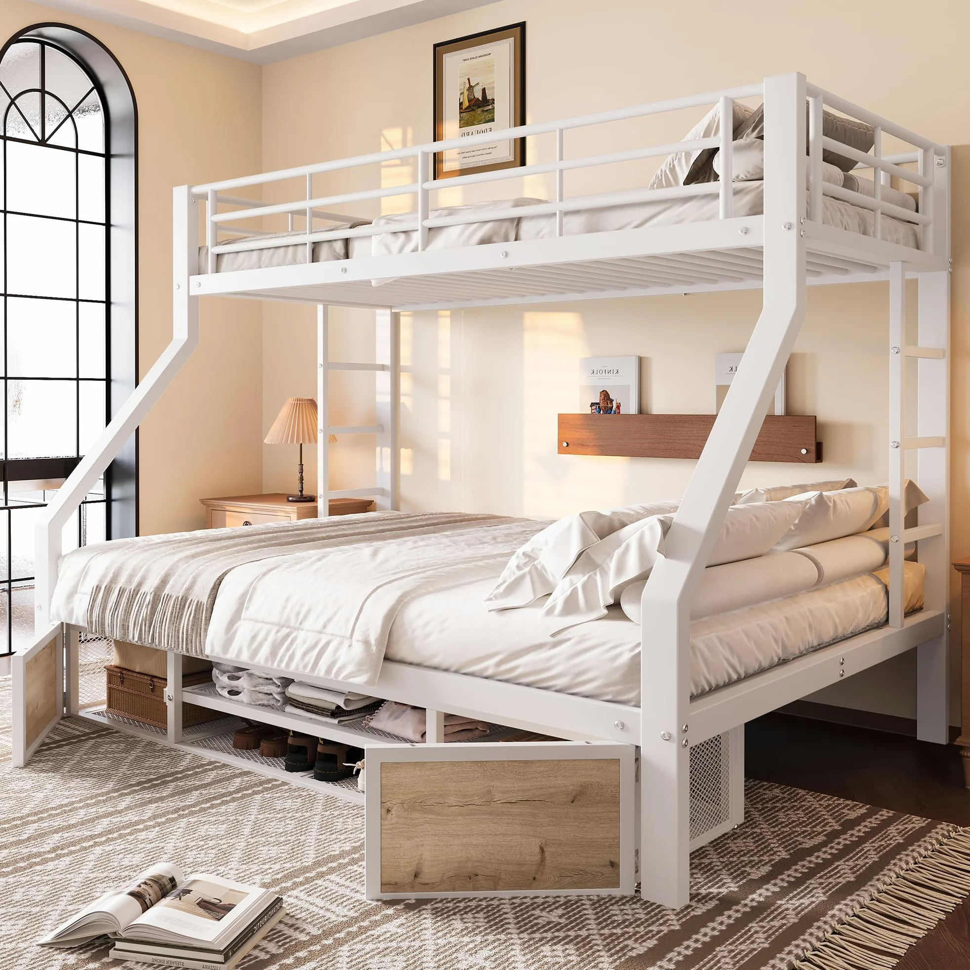 Soweiz Letto a castello 90 x 200 cm, 140 x 200 cm, culla con scarpiera, portaoggetti, ringhiere di sicurezza, scaletta, senza materasso (bianco)