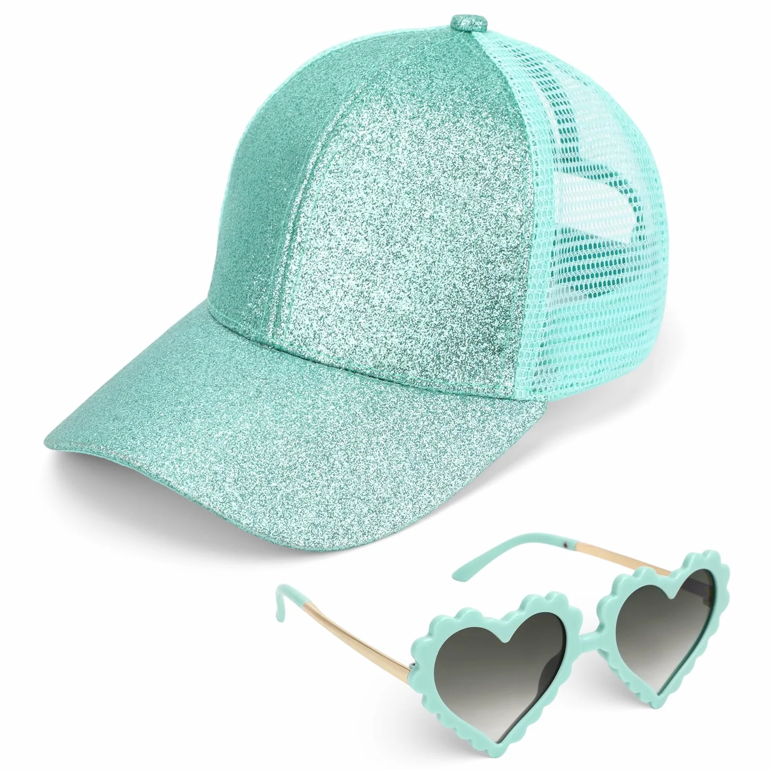 Cappellino da Baseball per Bambina con Coda di Cavallo Glitter e Occhiali da Sole, Cappello da Sole a Rete Regolabile Visiera per Ragazze
