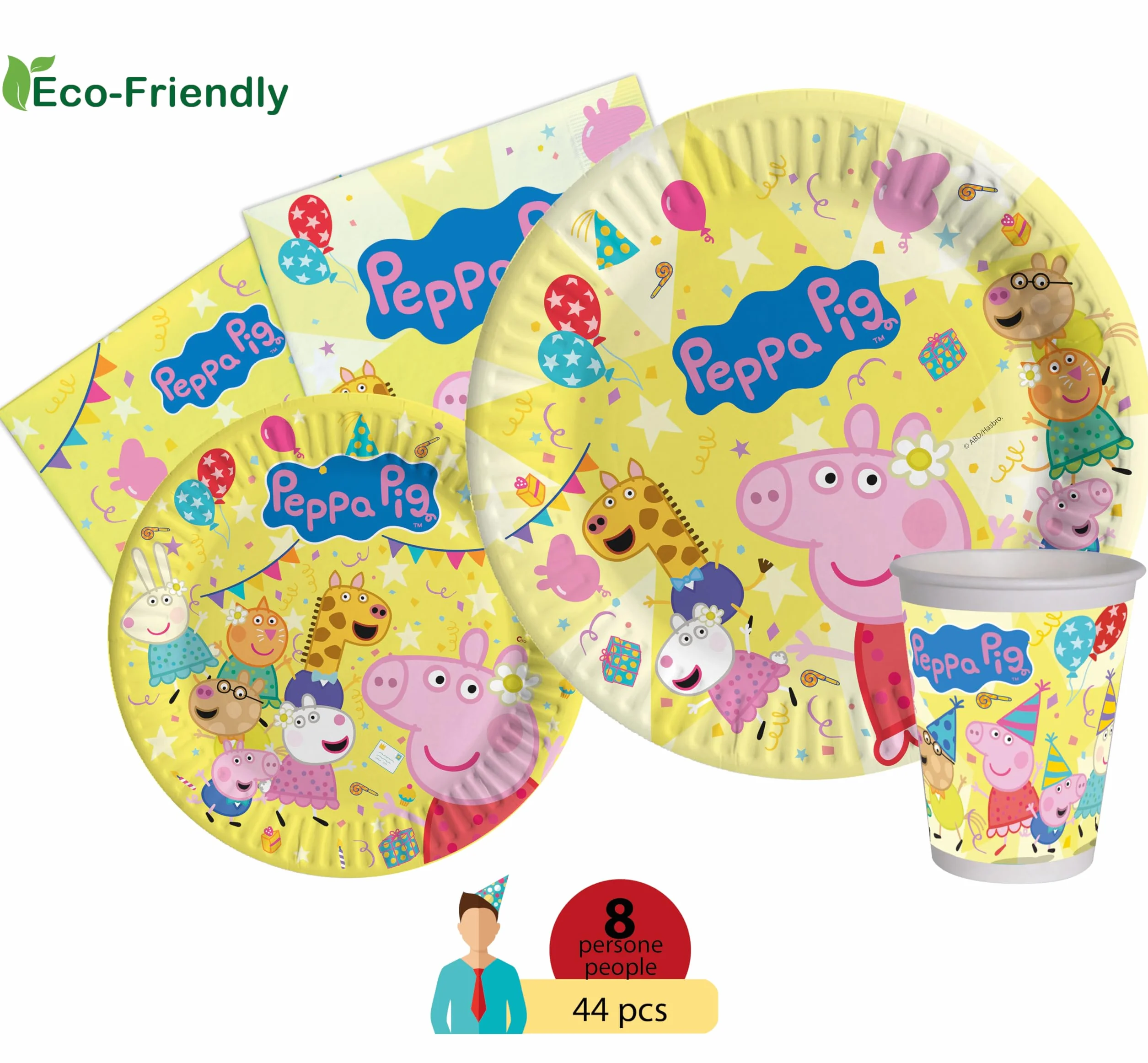 Peppa Pig Kit Party Tavola Compleanno 8 Persone 44 Pezzi Piatti Bicchieri Tovaglioli Carta Compostabile