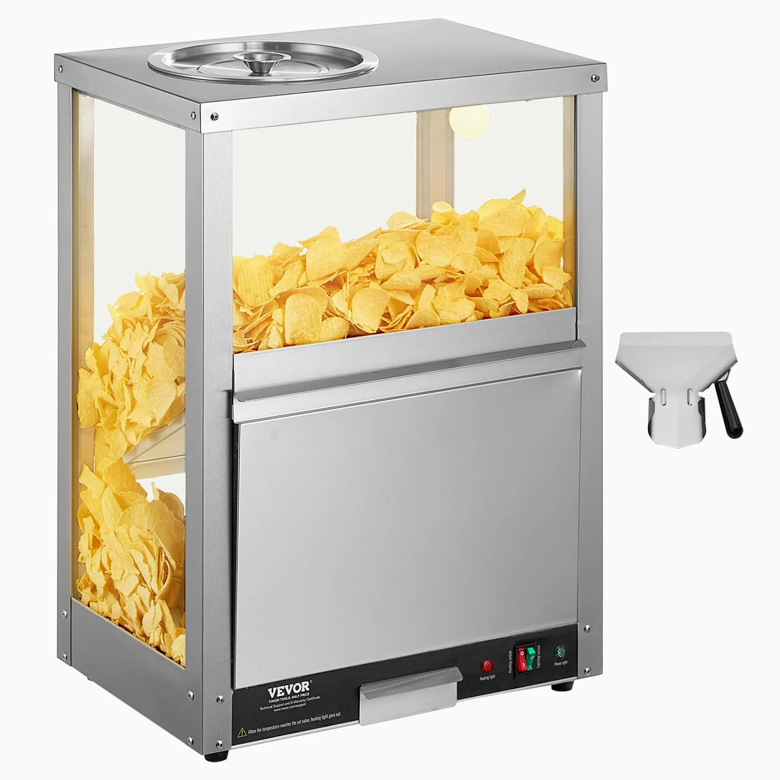 VEVOR Scalda Patatine Nacho Commerciali, Macchina Scalda Patatine 80 L con Base Riscaldante Luce Riscaldante, con Pannello Deflessione, Acciaio Inox, per Patatine Nacho, Popcorn, Patatine fritte
