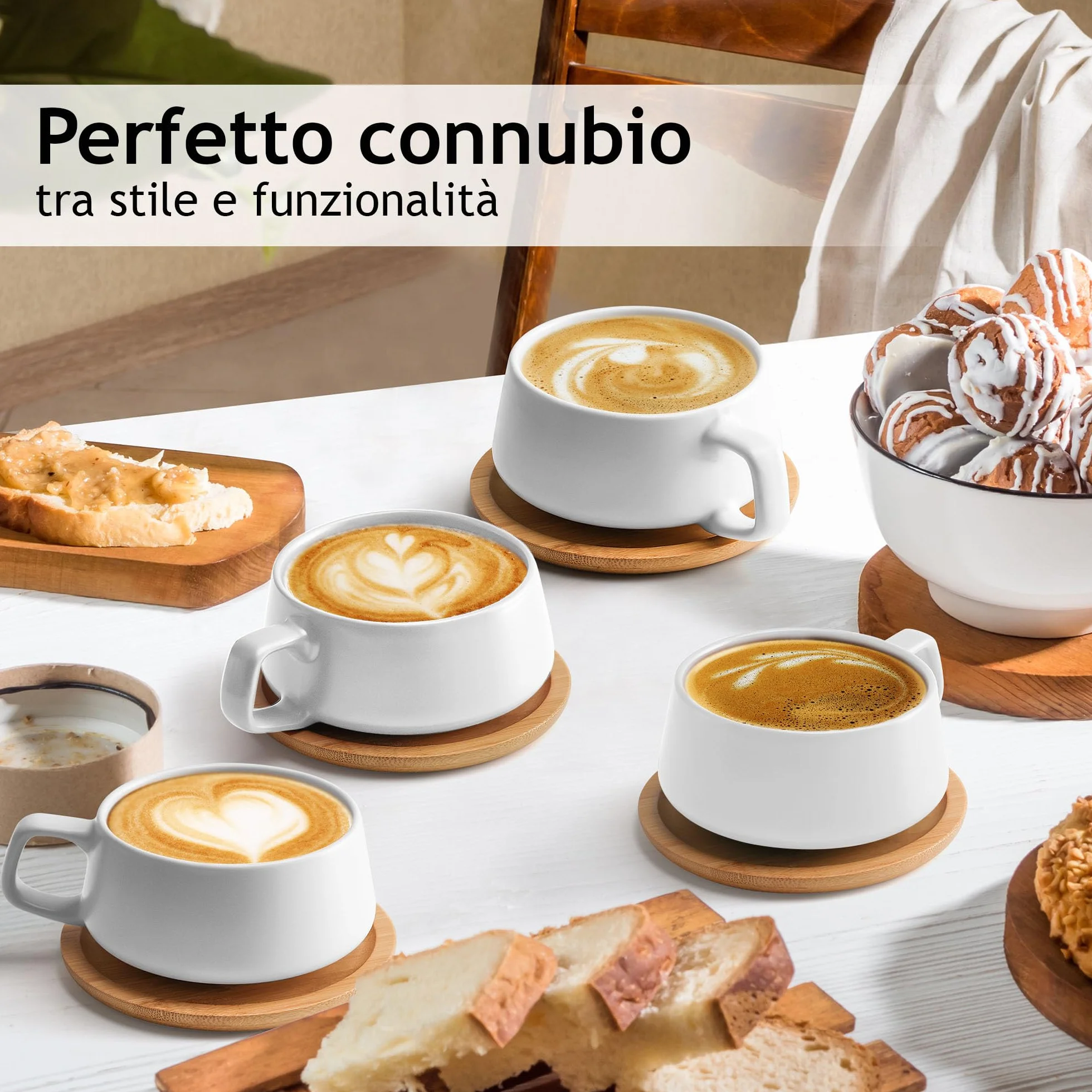 MIAMIO 4 tazze da caffè 320 ml set in gres Luxe Bianco