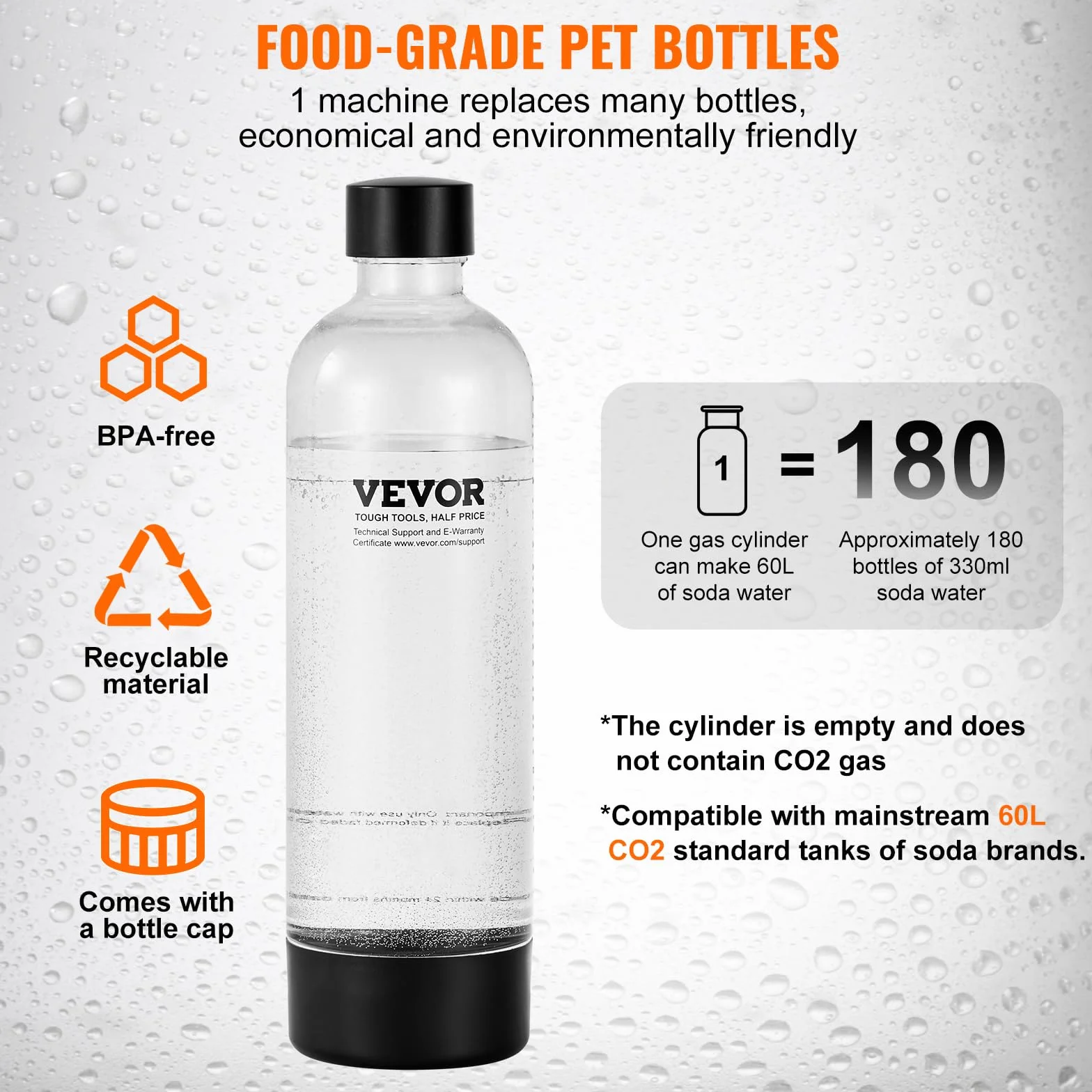 VEVOR Macchina Acqua Gassata, Macchina Acqua Gassata Soda per Carbonatazione Domestica con Bottiglia in PET da 1 Litro Senza BPA, 1 Bombola di CO2 Compatibile con Bombola di CO2 Avvitata da 60 Litri